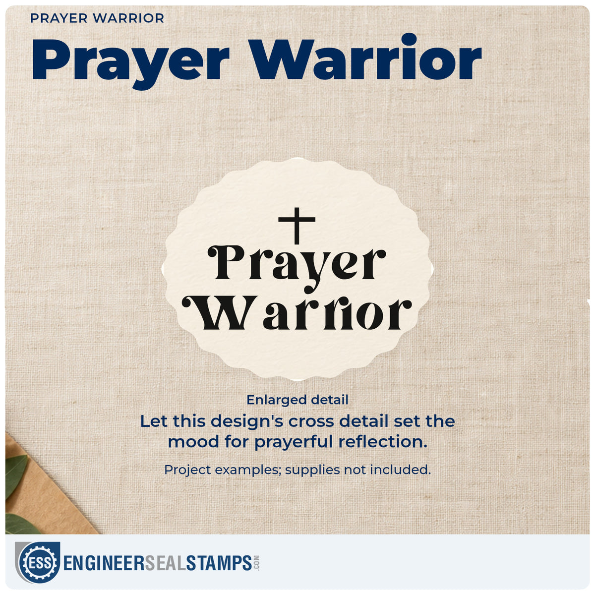 Enlarged detail of the Prayer Warrior Premium Wood-Mounted Stamp - Vintage Pro imprint. A small cross tops two lines of bold decorative lettering reading "Prayer warrior."