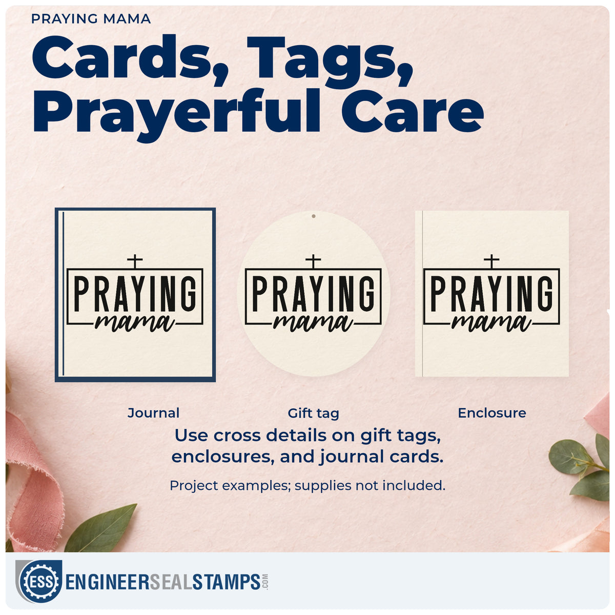 Three project examples made with the Praying Mama With Cross Pre-Inked Stamp – PSI, including scrapbook mom pages.