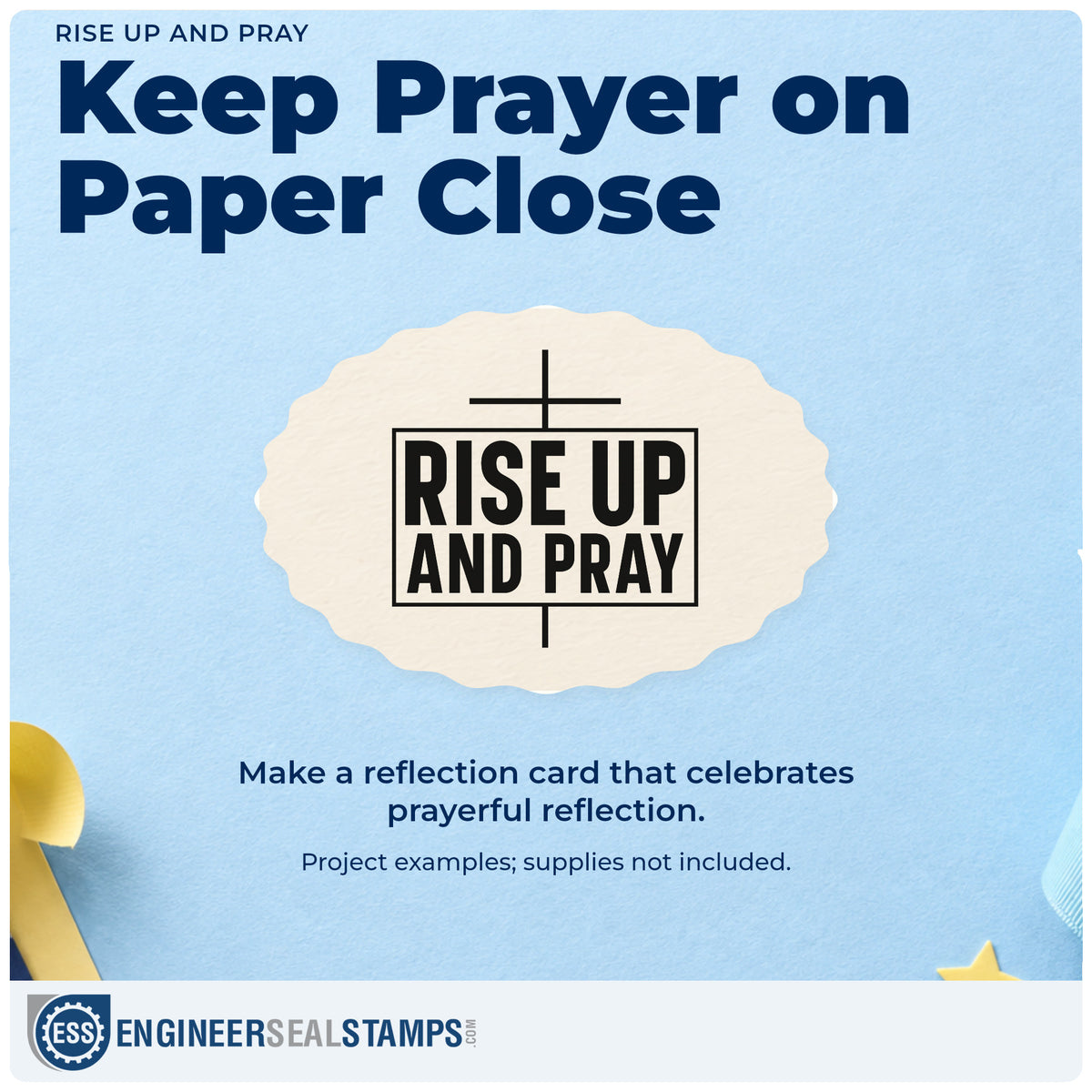 A finished handmade project stamped with the Rise Up And Pray Rubber Stamp – Wood Handle, ideal for revival flyers.