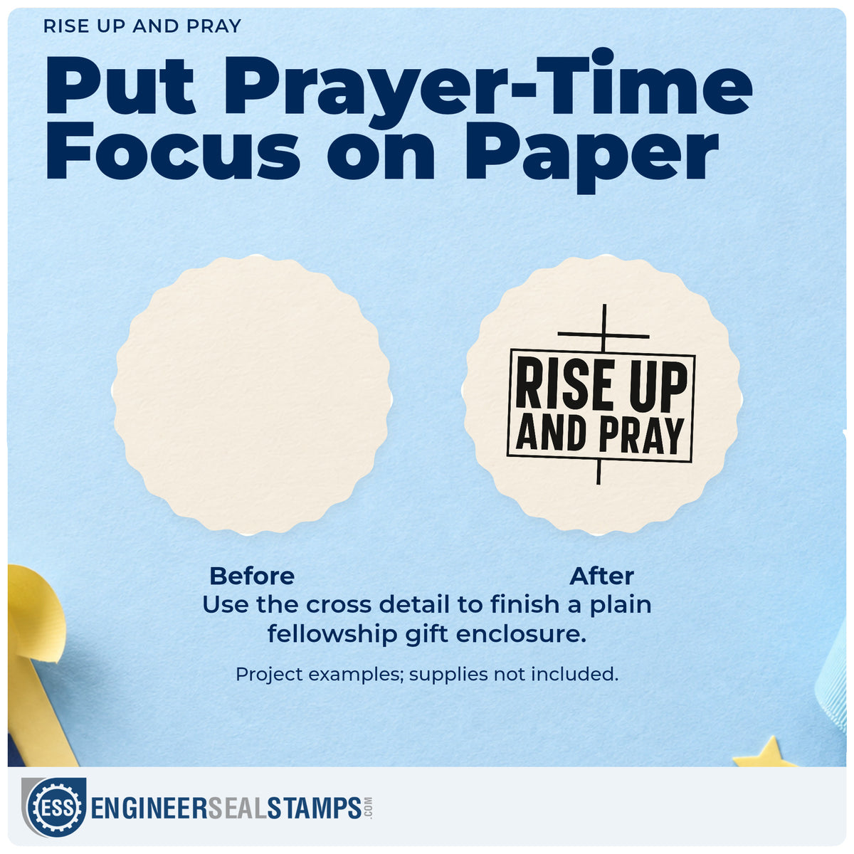 Before and after of a plain item finished with the Rise Up And Pray Hand Stamp – Duo, a quick upgrade for poster board signs.