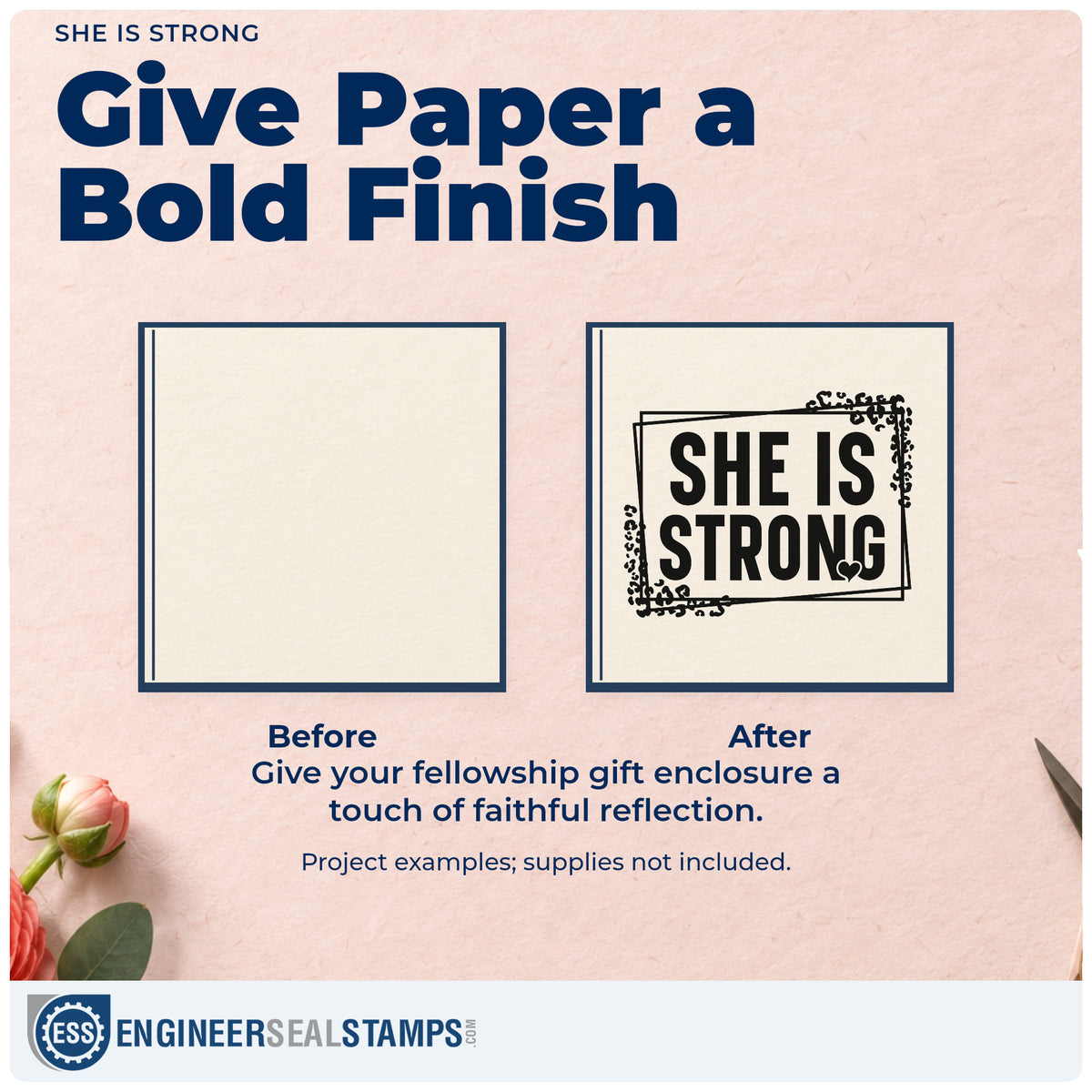 Before and after of a plain item finished with the She Is Strong Leaf Accents Rubber Stamp – Duo Hand, a quick upgrade for graduation gifts.