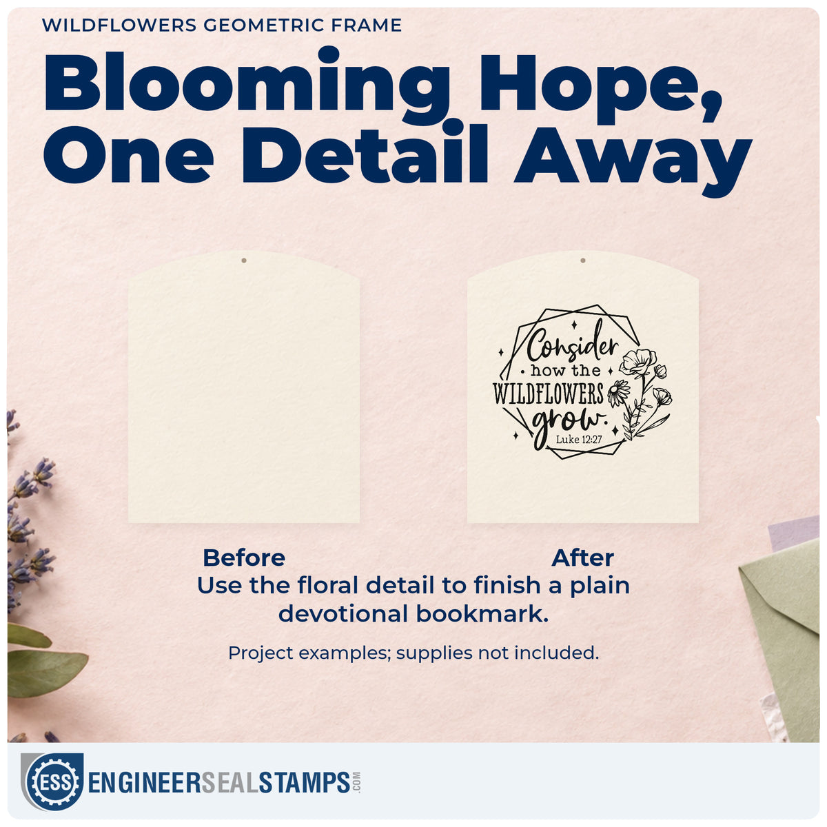 Before and after of a plain item finished with the Wildflowers Geometric Framed Lettering Self-Inking Craft Stamp, a quick upgrade for plant pot labels.
