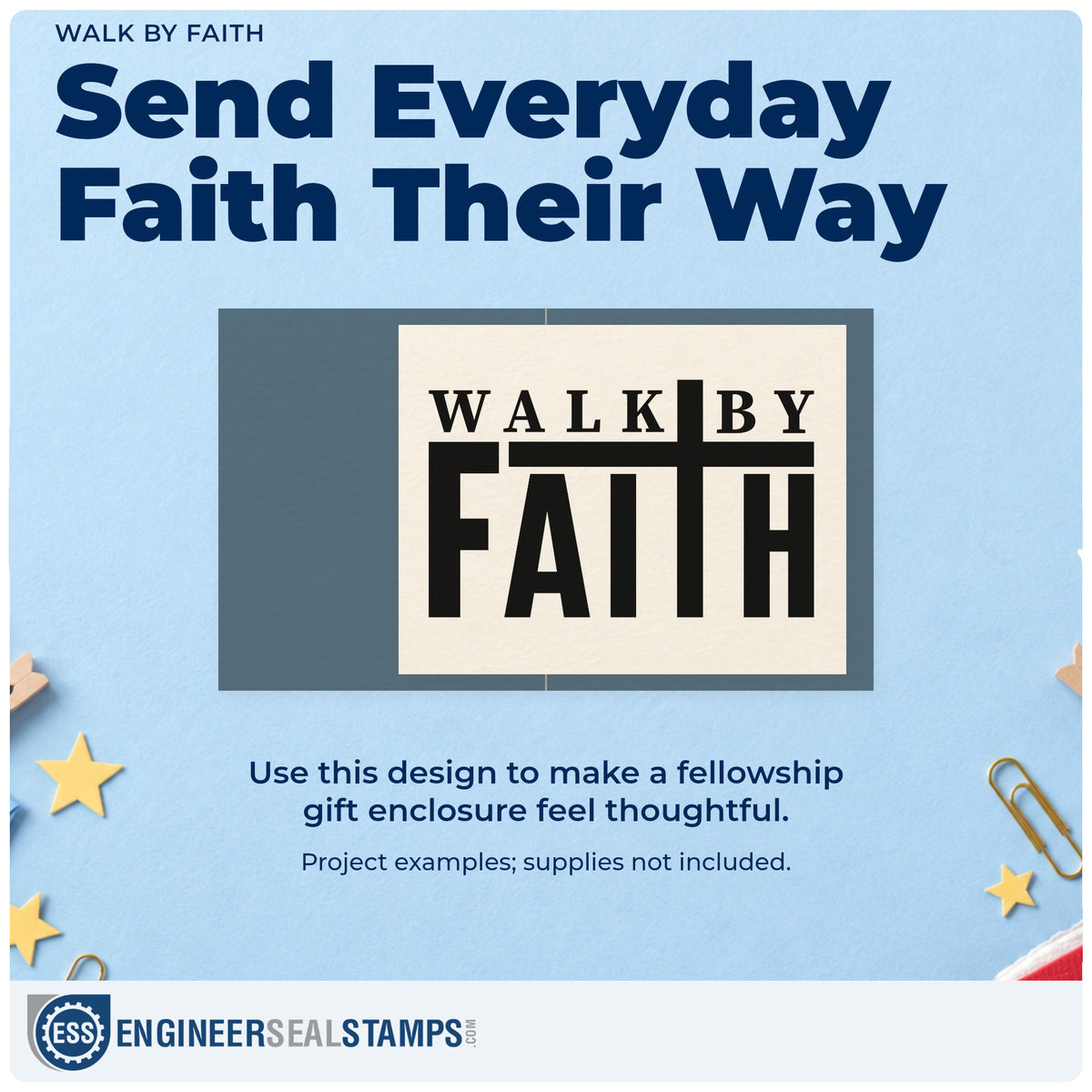 A finished handmade project stamped with the Walk By Faith PSI Pre-Inked Stamp, ideal for charity race tees.