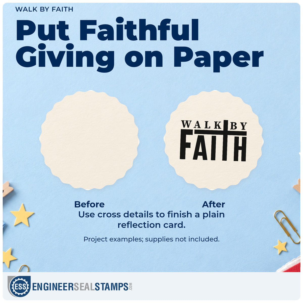 Before and after of a plain item finished with the Walk By Faith PSI Pre-Inked Stamp, a quick upgrade for graduation cards.