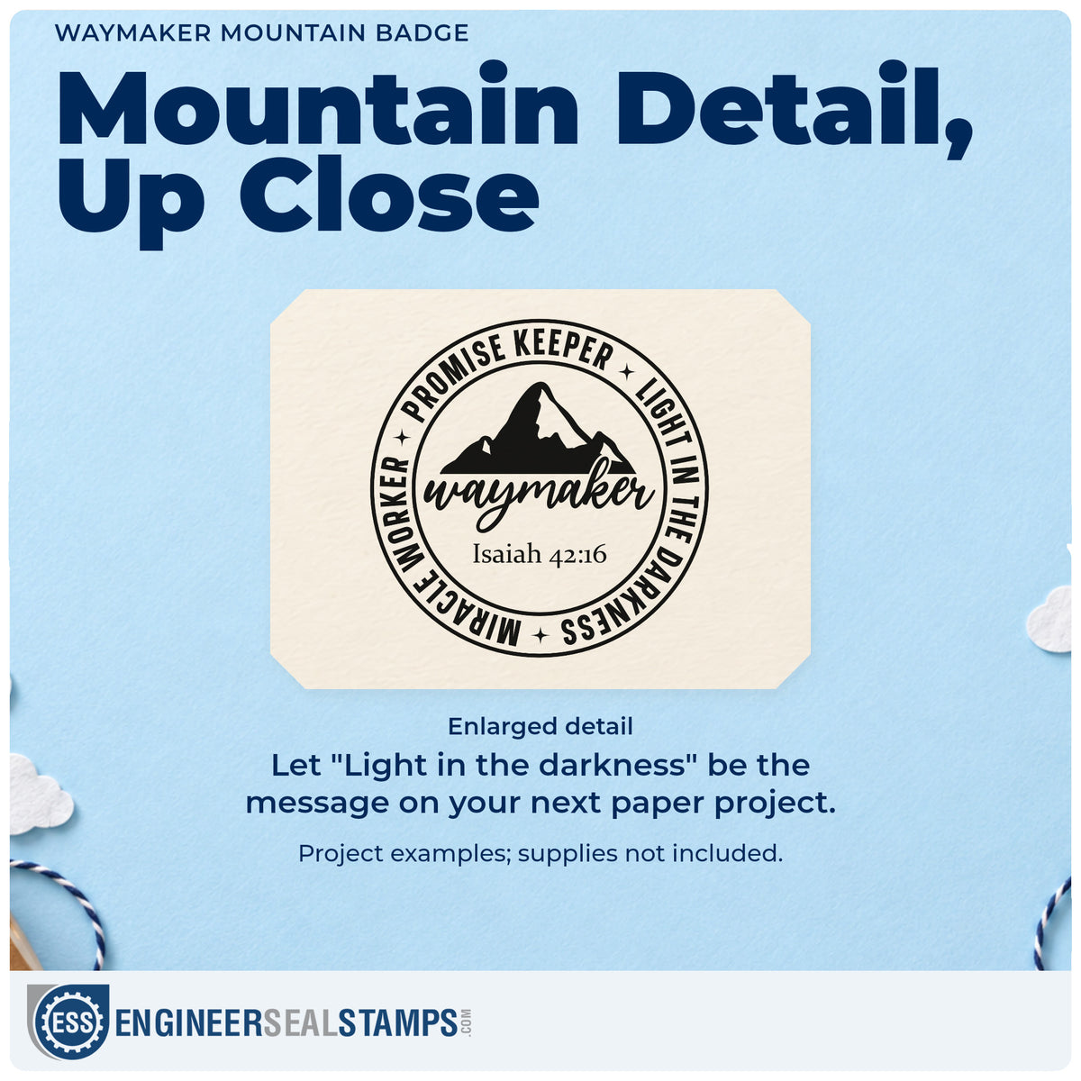 Enlarged detail of the Waymaker Mountain Emblem Slim Pre-Inked Stamp imprint. A mountain sits inside a "Waymaker" badge with Isaiah 42:16, bordered by "Promise keeper," "Light in the darkness," and "Miracle worker."