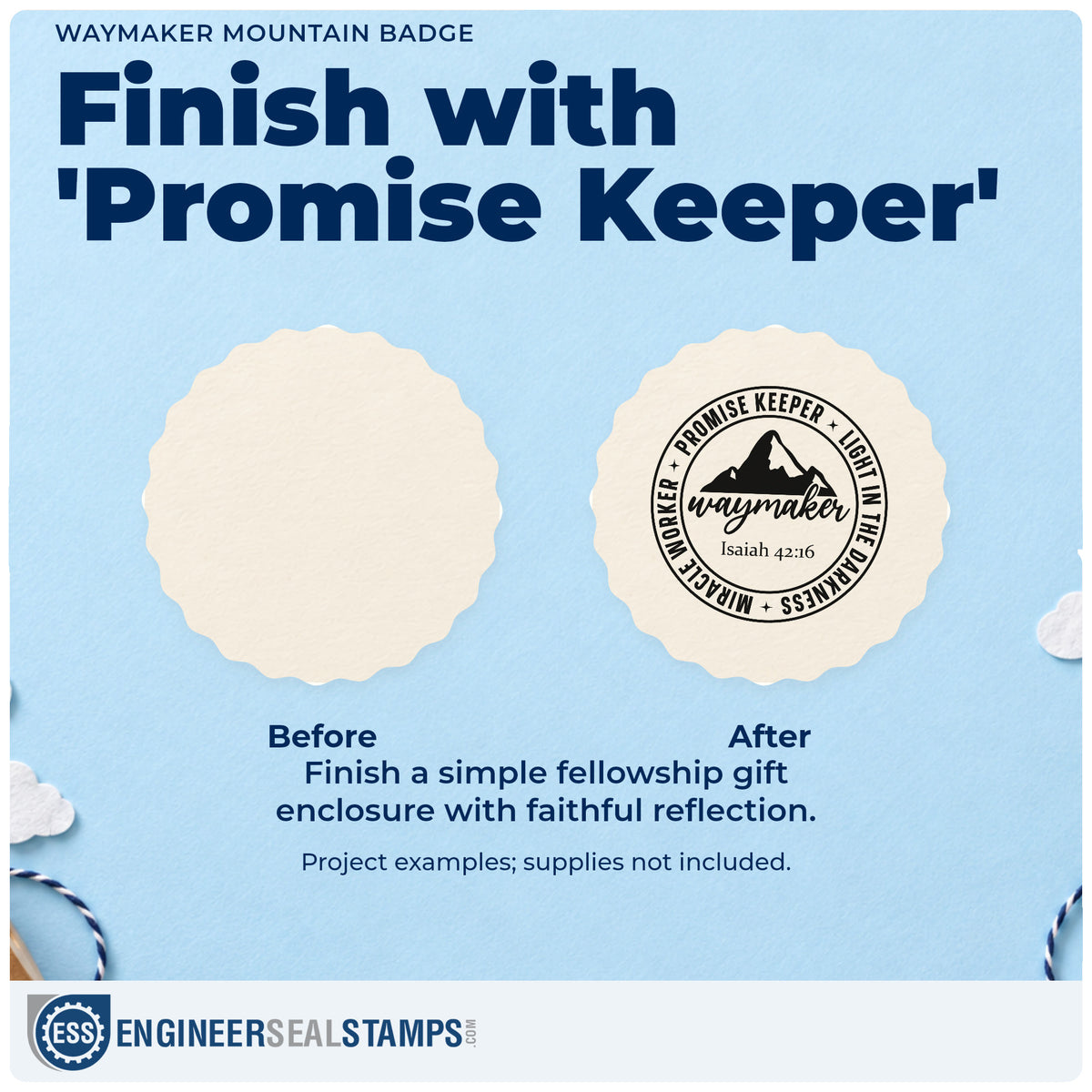 Before and after of a plain item finished with the Waymaker Mountain Emblem Rubber Stamp – Wood Handle, a quick upgrade for music binder covers.