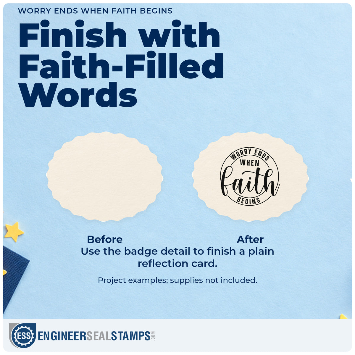 Before and after of a plain item finished with the Worry Ends When Faith Begins Stamp – Self-Inking, a quick upgrade for round label seals.