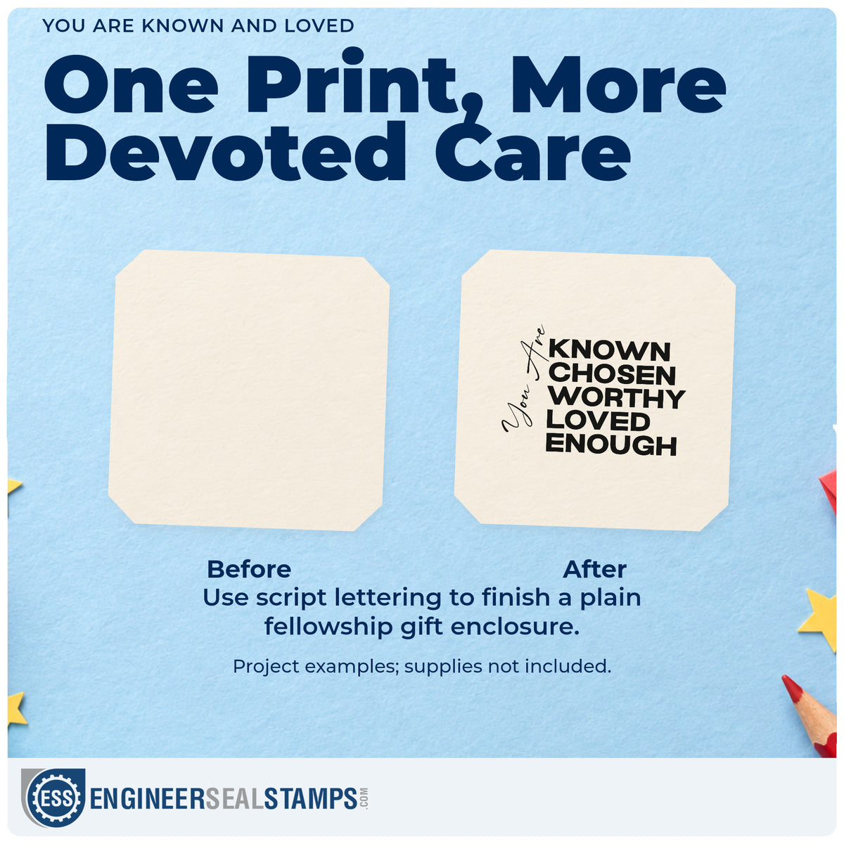 Before and after of a plain item finished with the Known, Chosen, Worthy, Loved, Enough Stamp - Premium Vintage Pro Wooden, a quick upgrade for counselor office art.