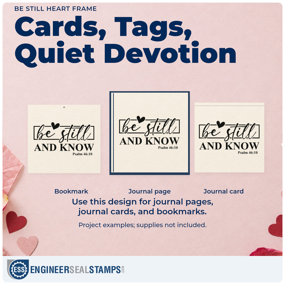 Three project examples made with the Be Still And Know Rubber Stamp – Wood Handle, including scrapbook retreat pages.
