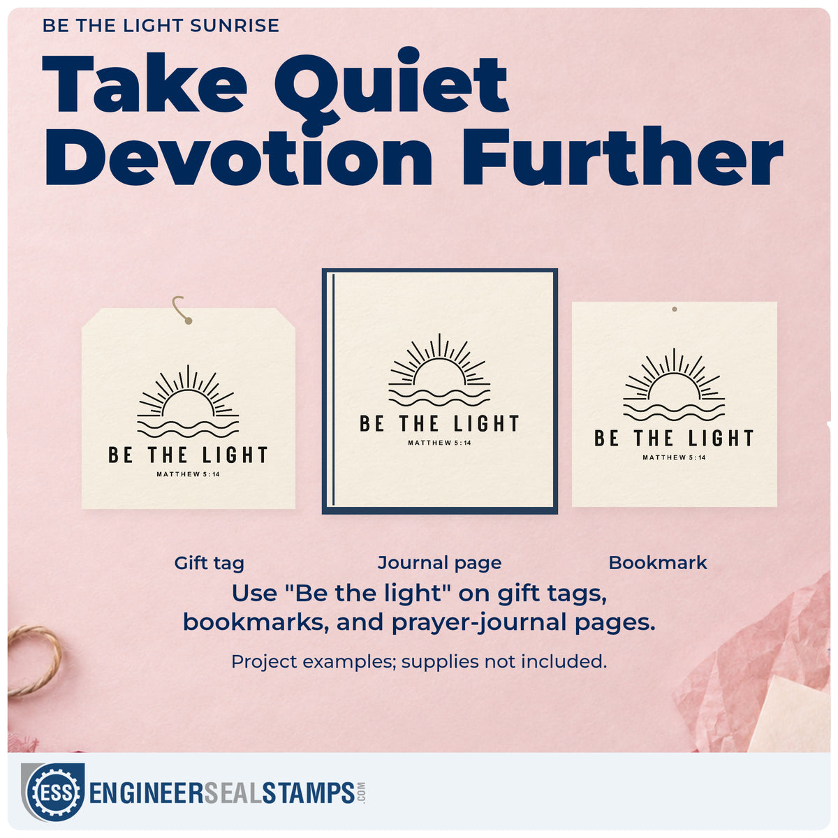 Three project examples made with the Be The Light Sunrise Wood Handle Stamp, including scrapbook beach pages.