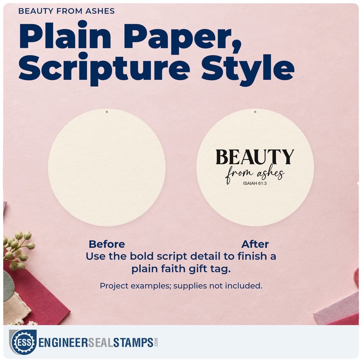 Before and after of a plain item finished with the Beauty From Ashes Craft Stamp – Self-Inking, a quick upgrade for canvas totes.