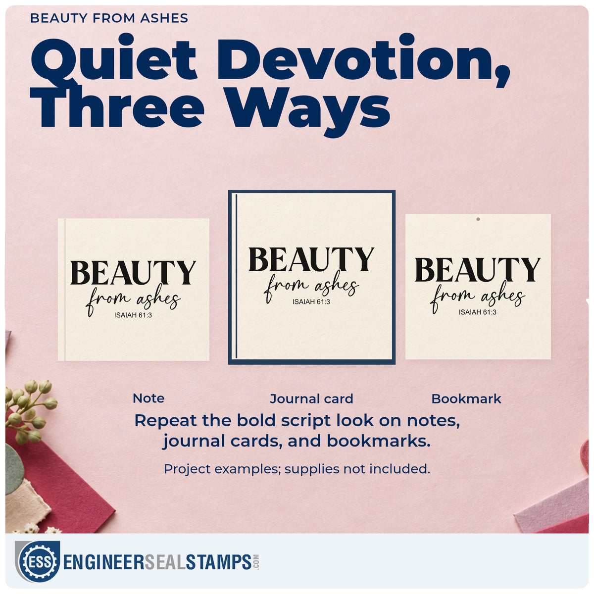 Three project examples made with the Beauty From Ashes Premium Wood-Mounted Stamp - Vintage Pro, including scrapbook renewal pages.
