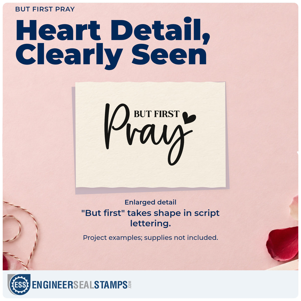 Enlarged detail of the But First Pray With Hearts Stamp – Wood Handle imprint. Small "But first" lettering sits above large "Pray" script with two hearts.