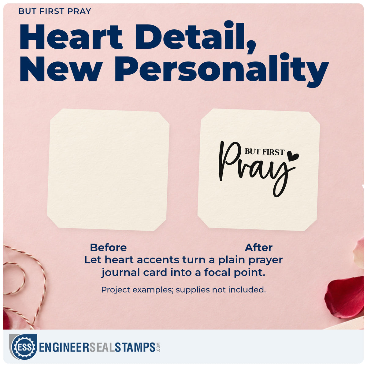 Before and after of a plain item finished with the But First Pray With Hearts Stamp - Premium Vintage Pro Wooden, a quick upgrade for teacher gift tags.
