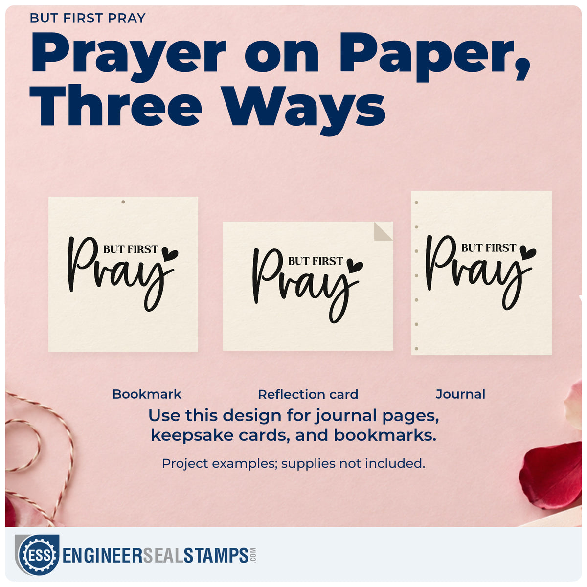 Three project examples made with the But First Pray With Hearts Stamp – Wood Handle, including scrapbook morning pages.