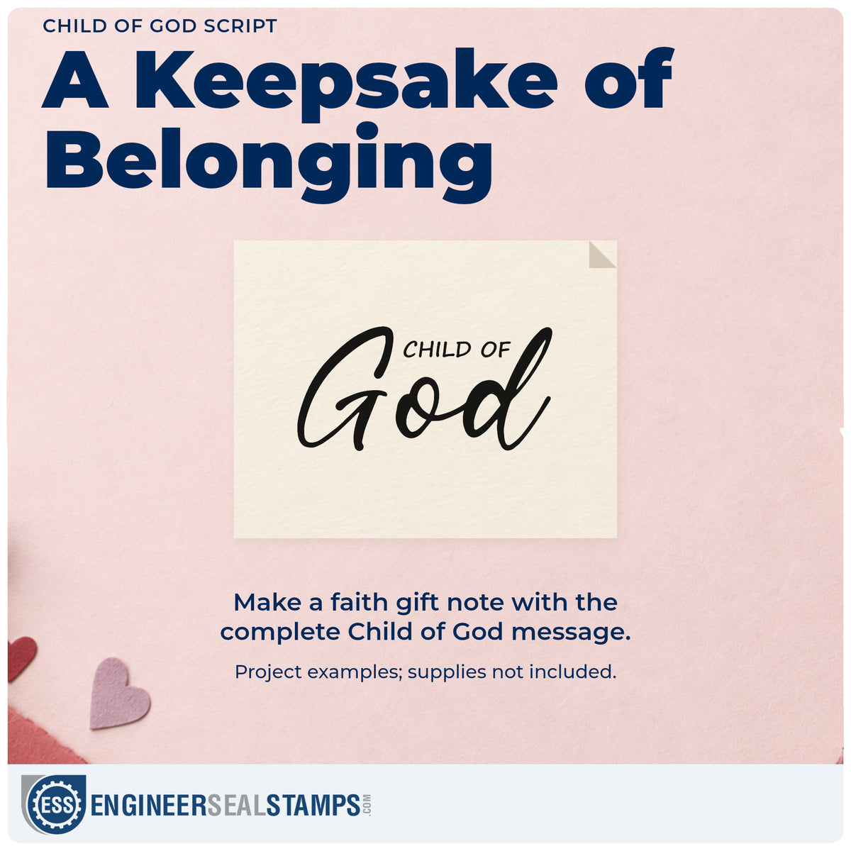 A finished handmade project stamped with the Child Of God Script Lettering Premium Wooden Stamp - Vintage Pro, ideal for baptism invitations.