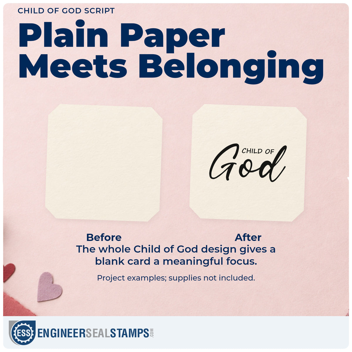 Before and after of a plain item finished with the Child Of God Script Lettering Pre-Inked Stamp – PSI, a quick upgrade for adoption announcements.