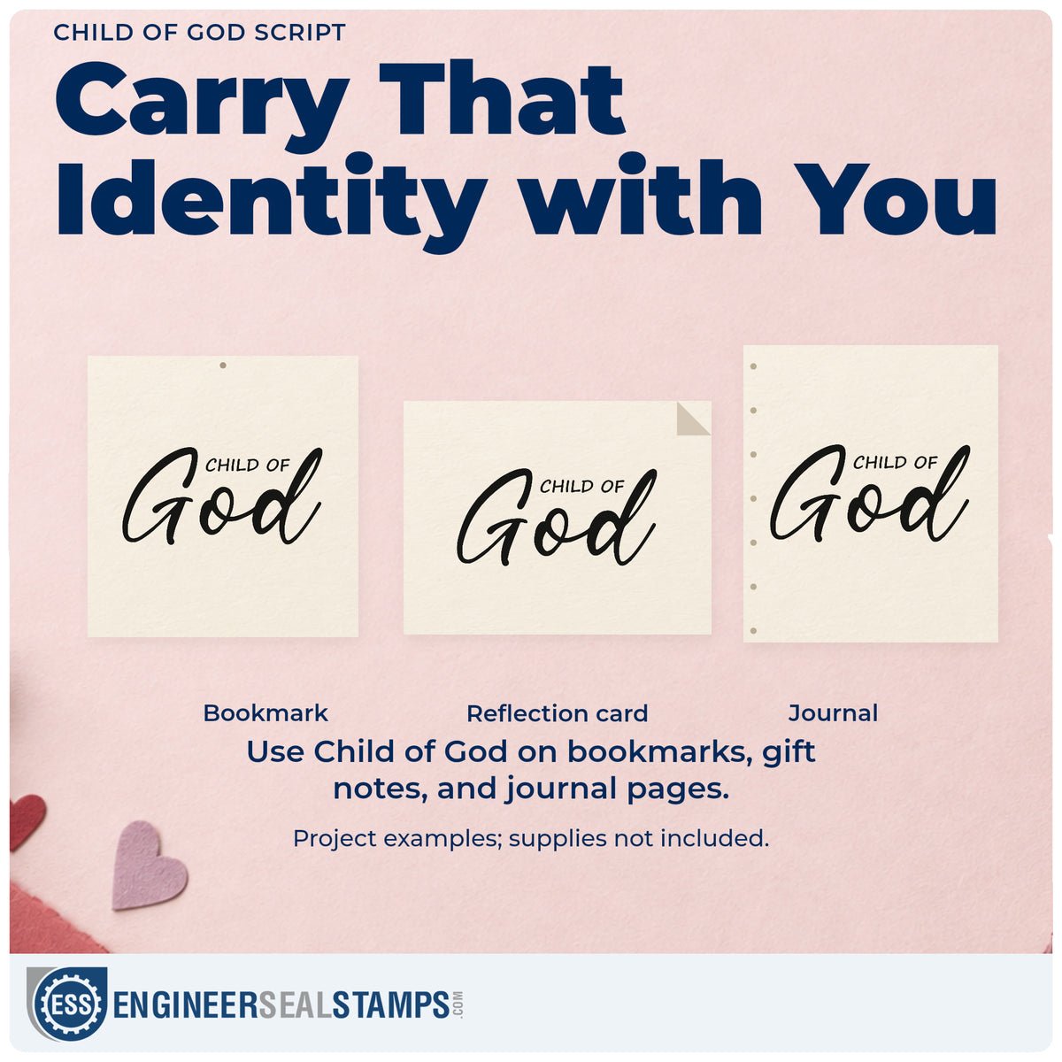 Three project examples made with the Child Of God Script Lettering Wood Handle Stamp, including scrapbook newborn pages.