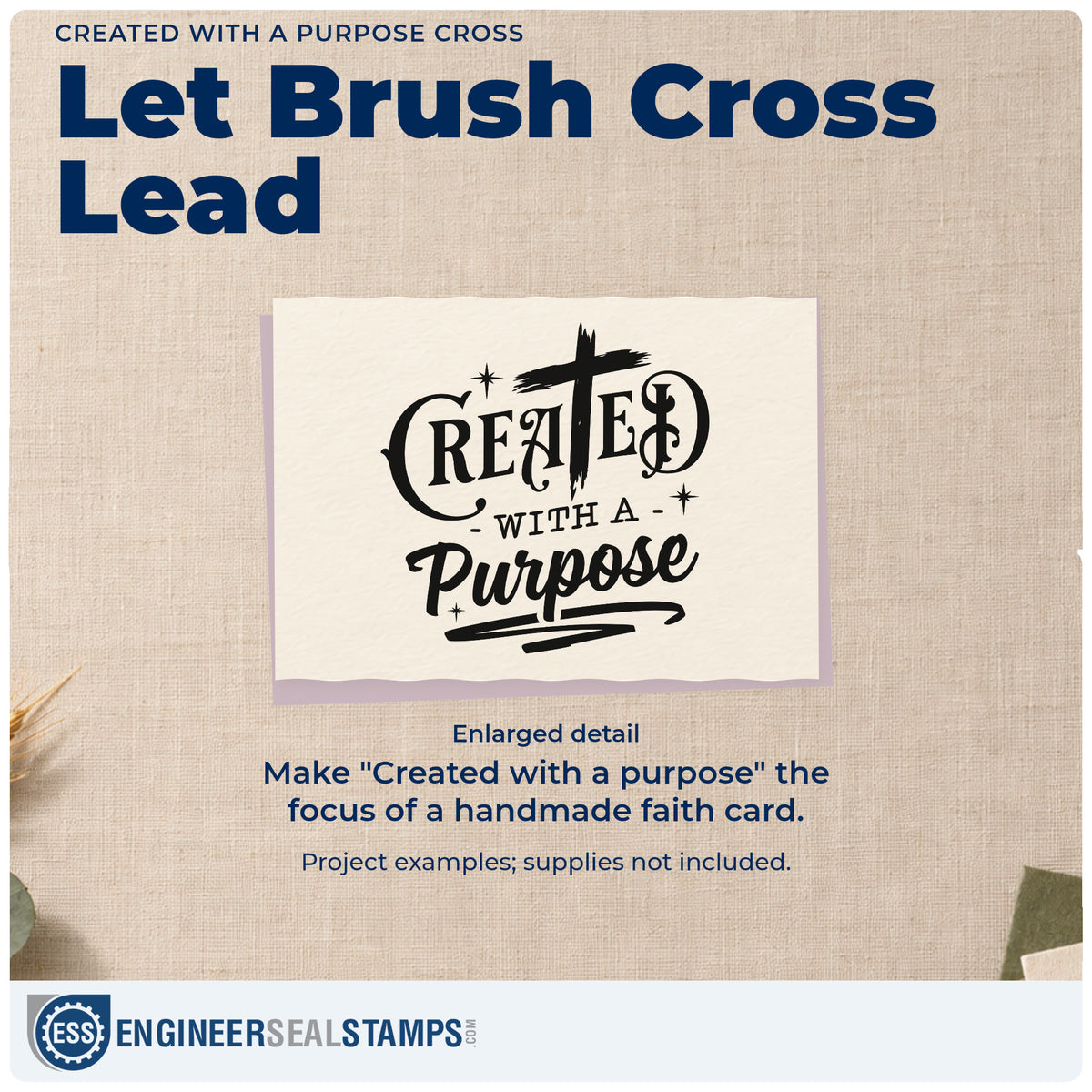 Enlarged detail of the Created With A Purpose Cross Self-Inking Stamp imprint. A brushstroke cross and sparkles accent decorative "Created with a purpose" lettering.