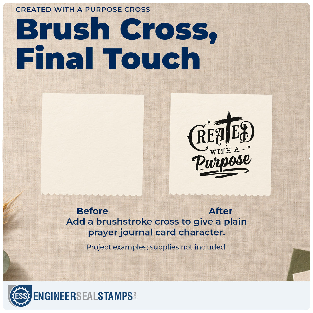 Before and after of a plain item finished with the Created With A Purpose Cross Hand Stamp – Duo, a quick upgrade for journal cover stamping.