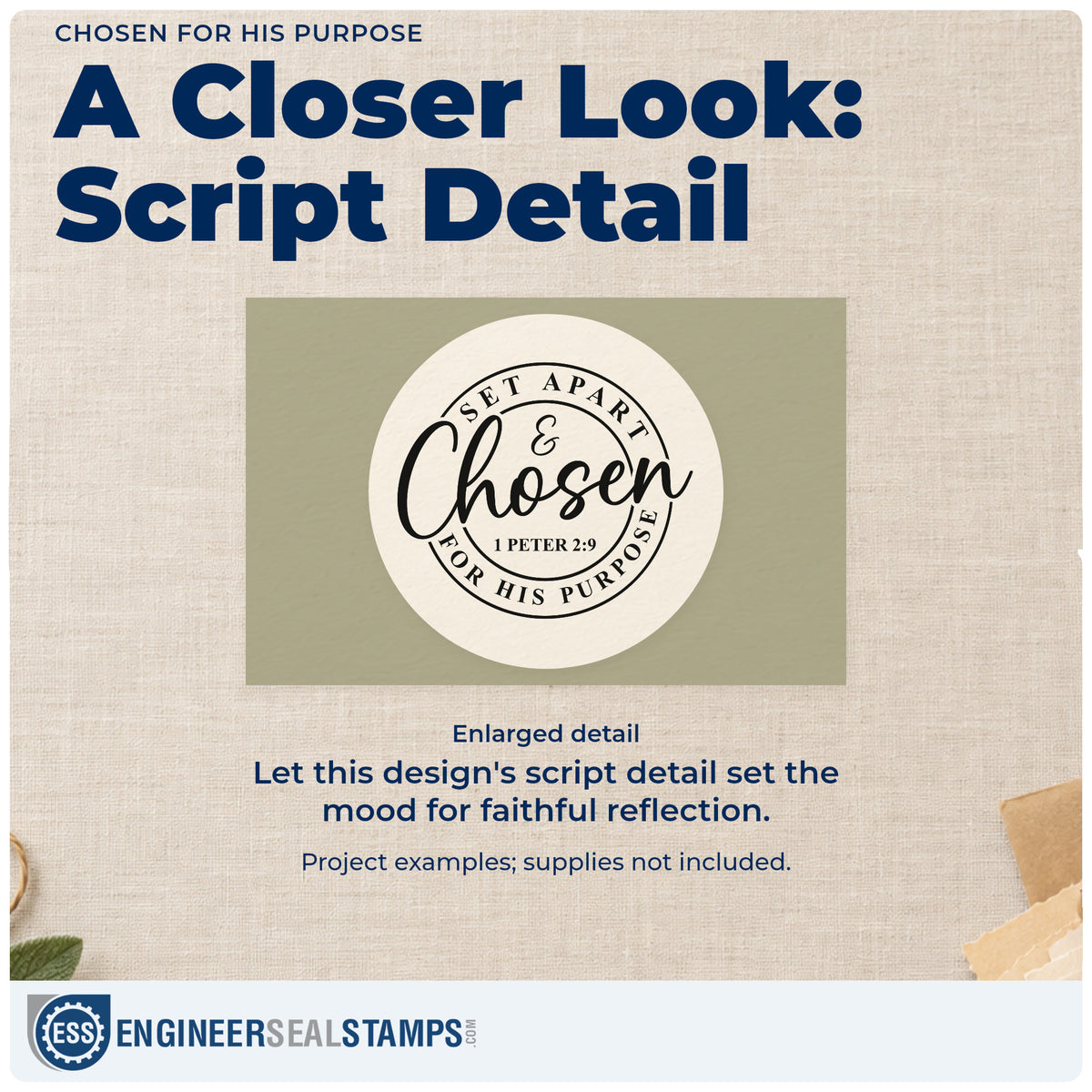 Enlarged detail of the Chosen Script With Ampersand Border Pre-Inked Stamp – PSI imprint. A circular "Set Apart for His Purpose" border surrounds an ampersand, "Chosen" script, and 1 Peter 2:9.