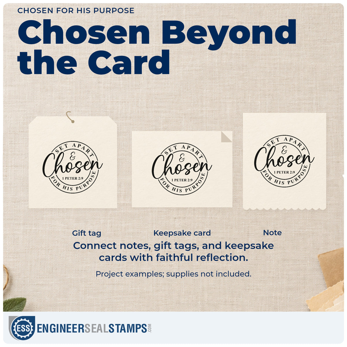 Three project examples made with the Chosen Script With Ampersand Border Rubber Stamp – Wood Handle, including scrapbook calling pages.