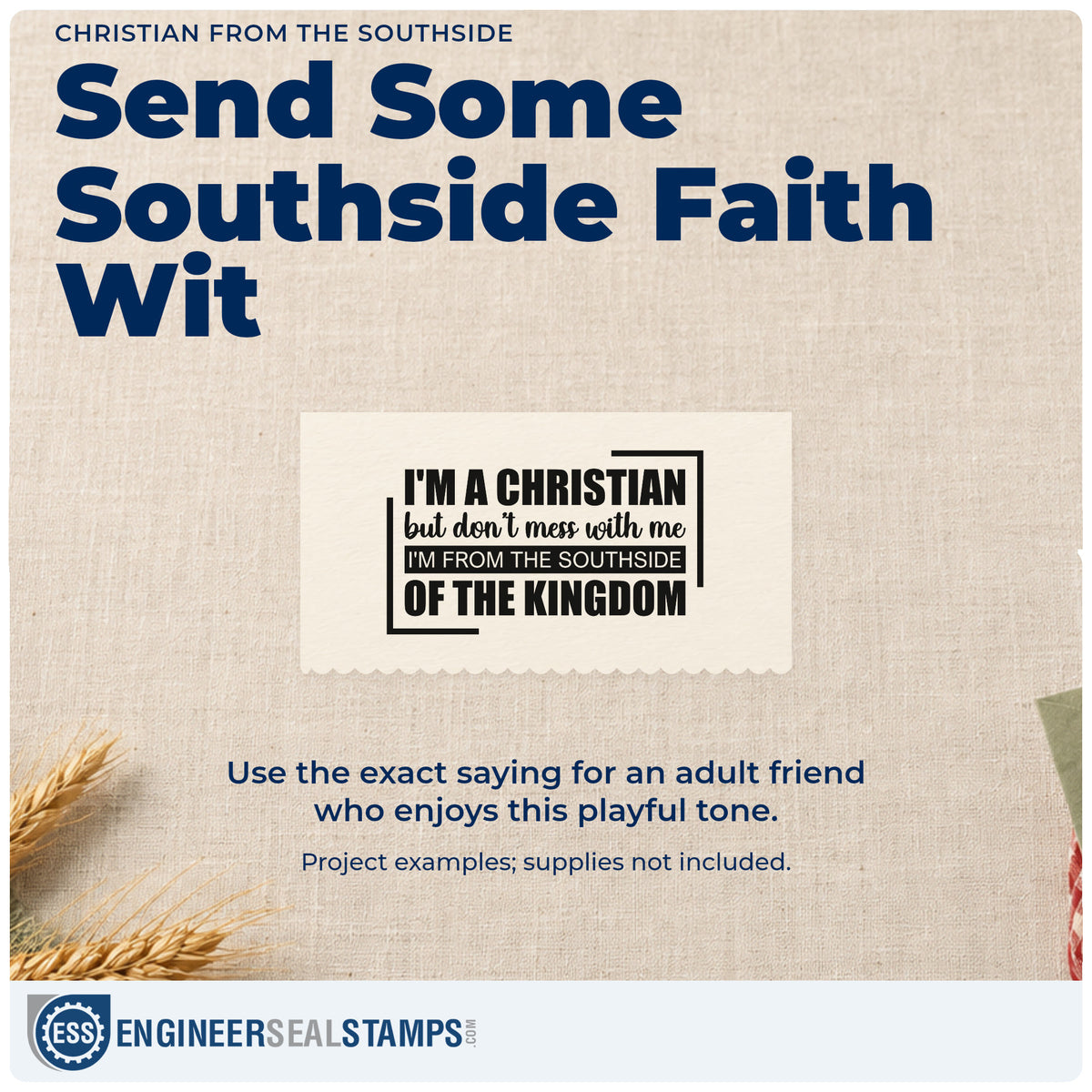 A finished handmade project stamped with the Christian From The Southside Pre-Inked Stamp – Slim, ideal for church group humor notes.