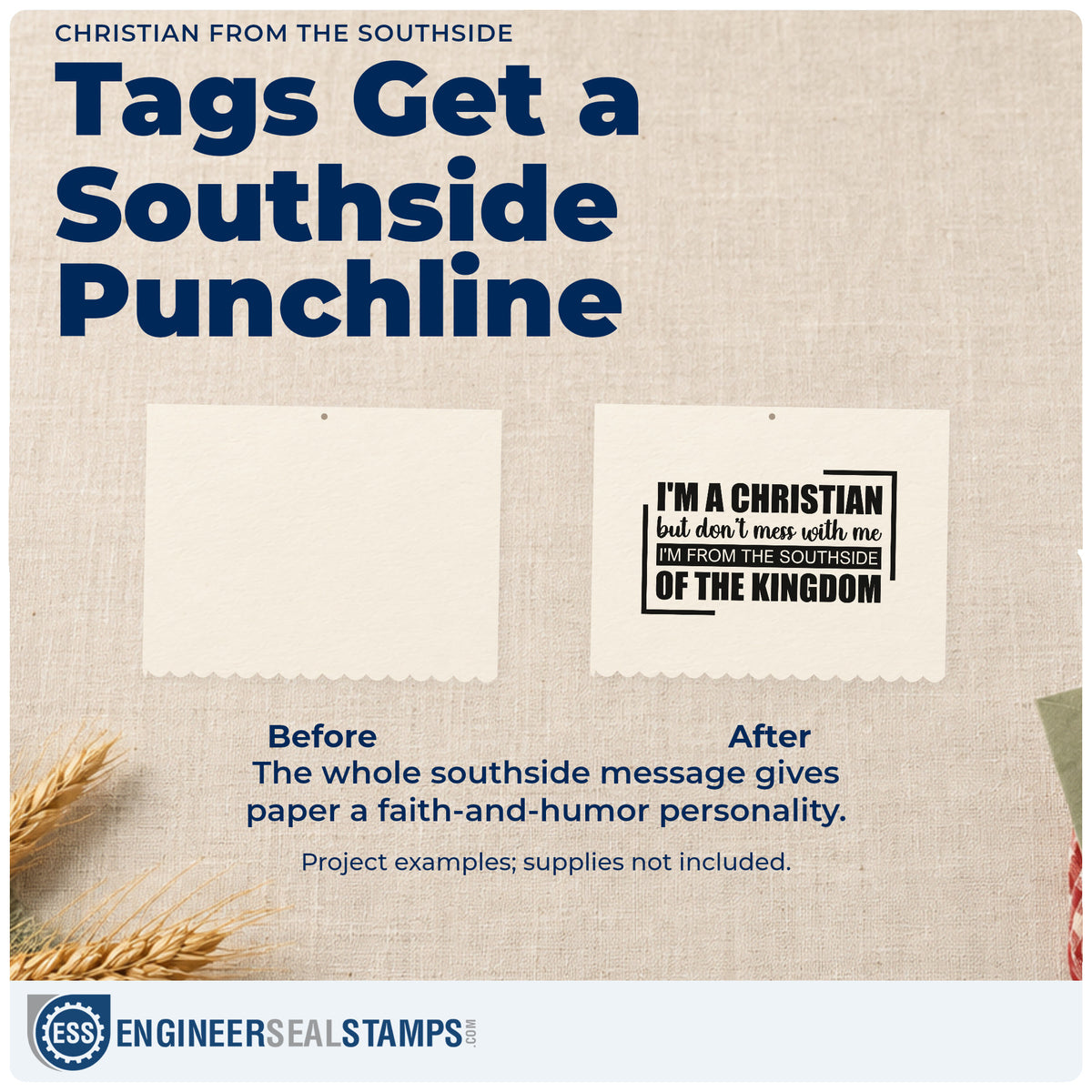 Before and after of a plain item finished with the Christian From The Southside PSI Pre-Inked Stamp, a quick upgrade for canvas totes.