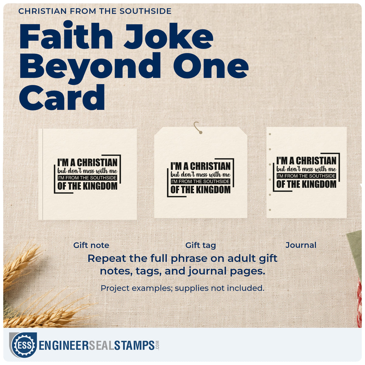 Three project examples made with the Christian From The Southside Stamp – Self-Inking, including scrapbook captions.