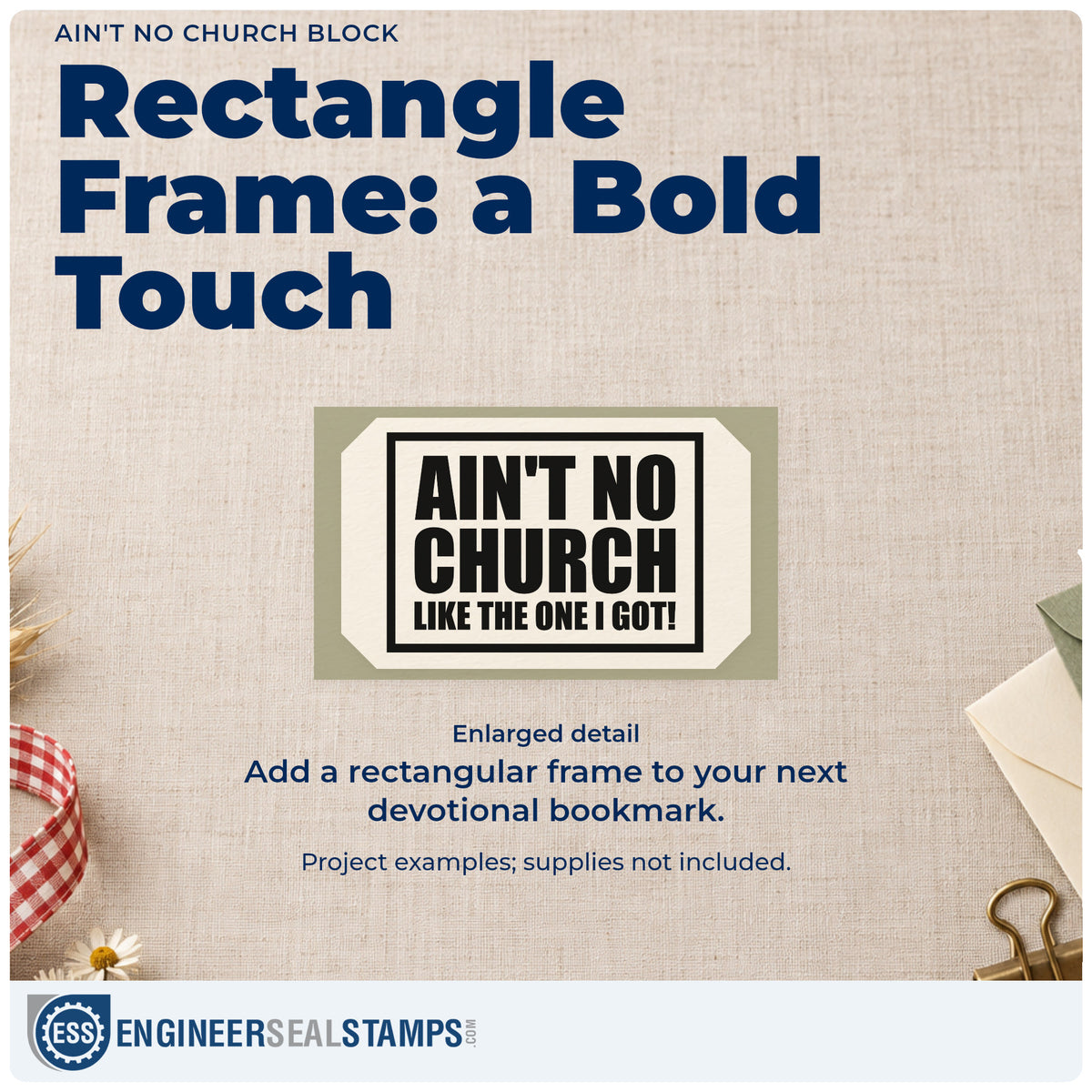 Enlarged detail of the Duo Hand Ain't No Church Block Rubber Stamp imprint. A rectangular outline encloses bold stacked "Ain't no church like the one I got" lettering.