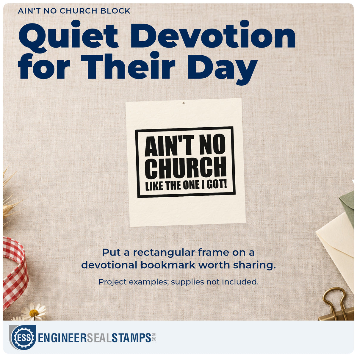 A finished handmade project stamped with the Ain't No Church Block Wood Handle Stamp, ideal for member welcome gifts.