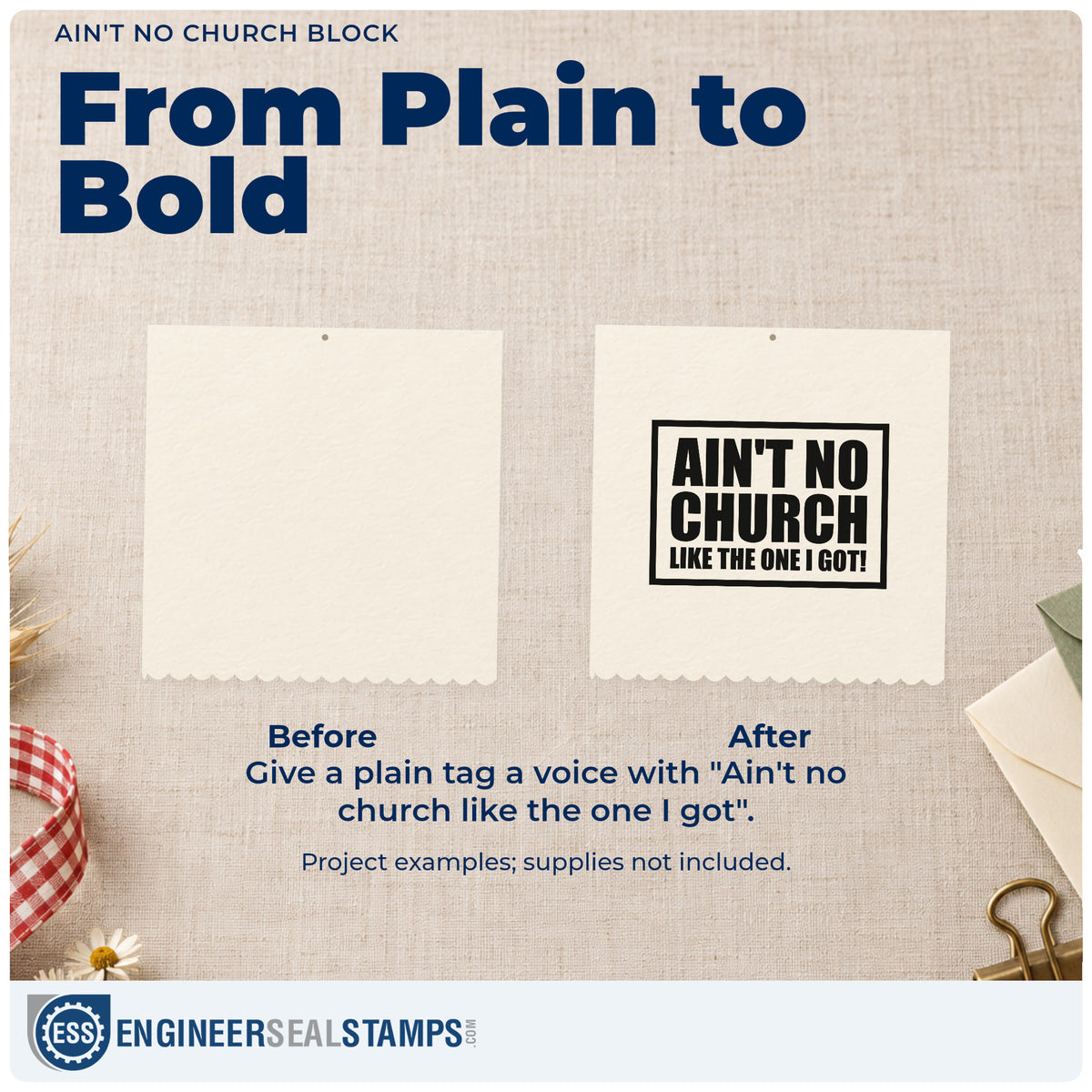 Before and after of a plain item finished with the Duo Hand Ain't No Church Block Rubber Stamp, a quick upgrade for homecoming programs.