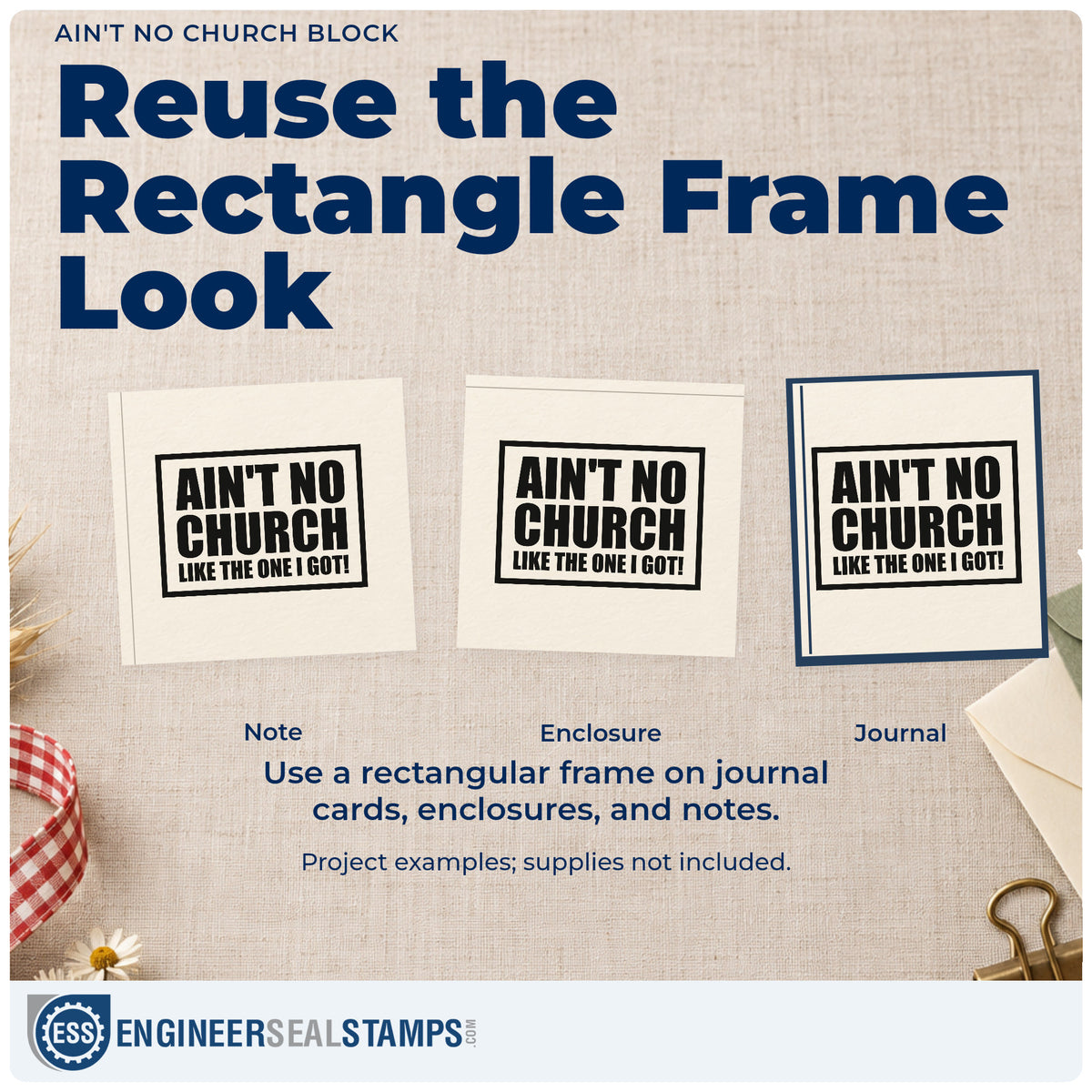 Three project examples made with the Ain't No Church Block Wood Handle Stamp, including scrapbook community pages.