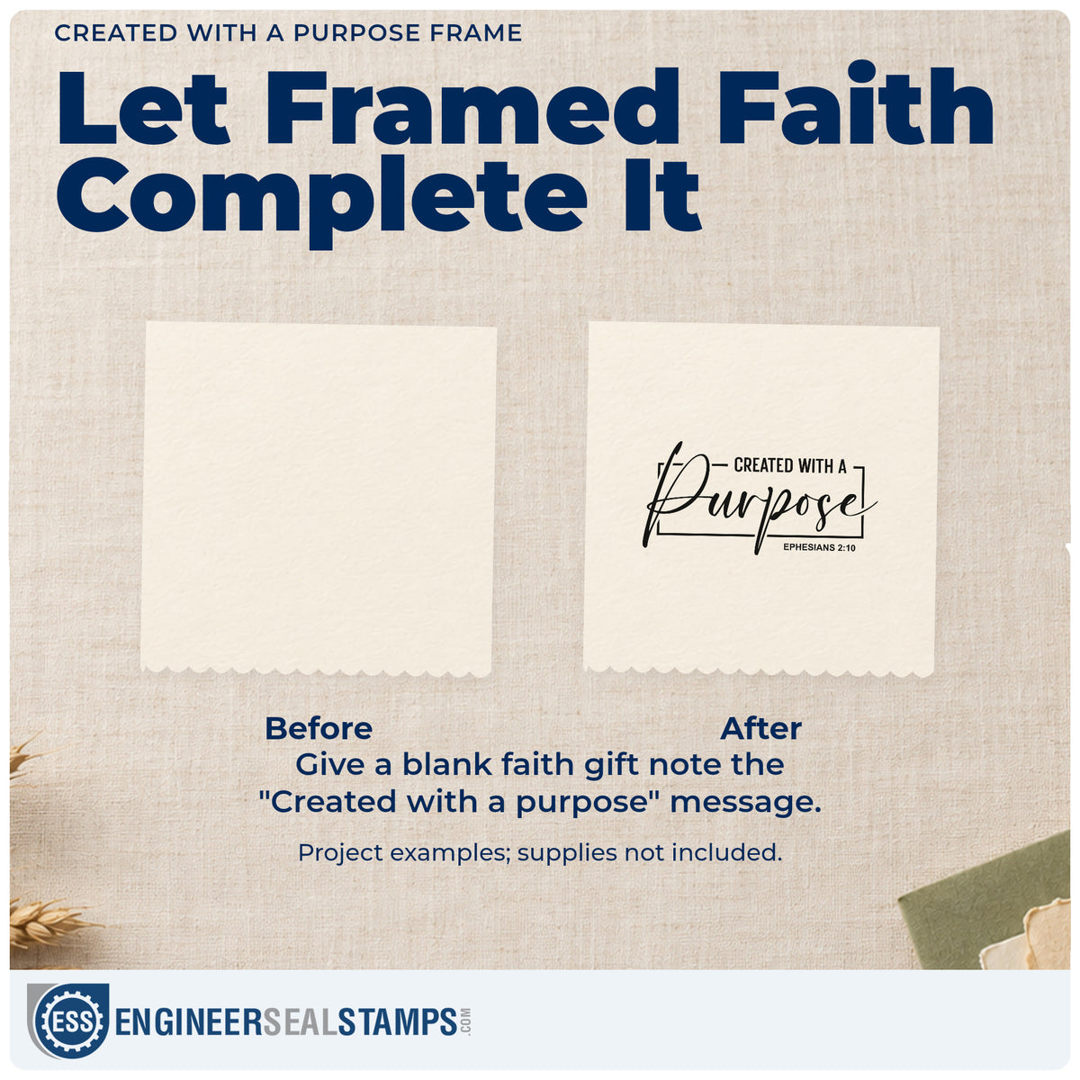 Before and after of a plain item finished with the Created With A Purpose Frame Premium Wood-Mounted Stamp - Vintage Pro, a quick upgrade for canvas totes.