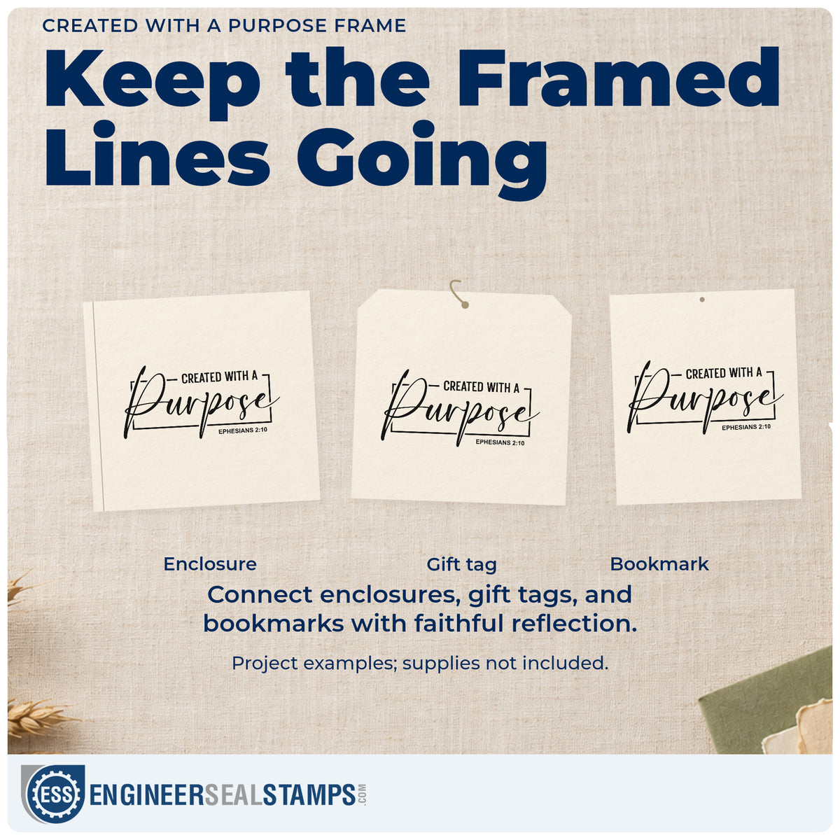 Three project examples made with the Created With A Purpose Frame Rubber Stamp – Wood Handle, including handmade project pages.