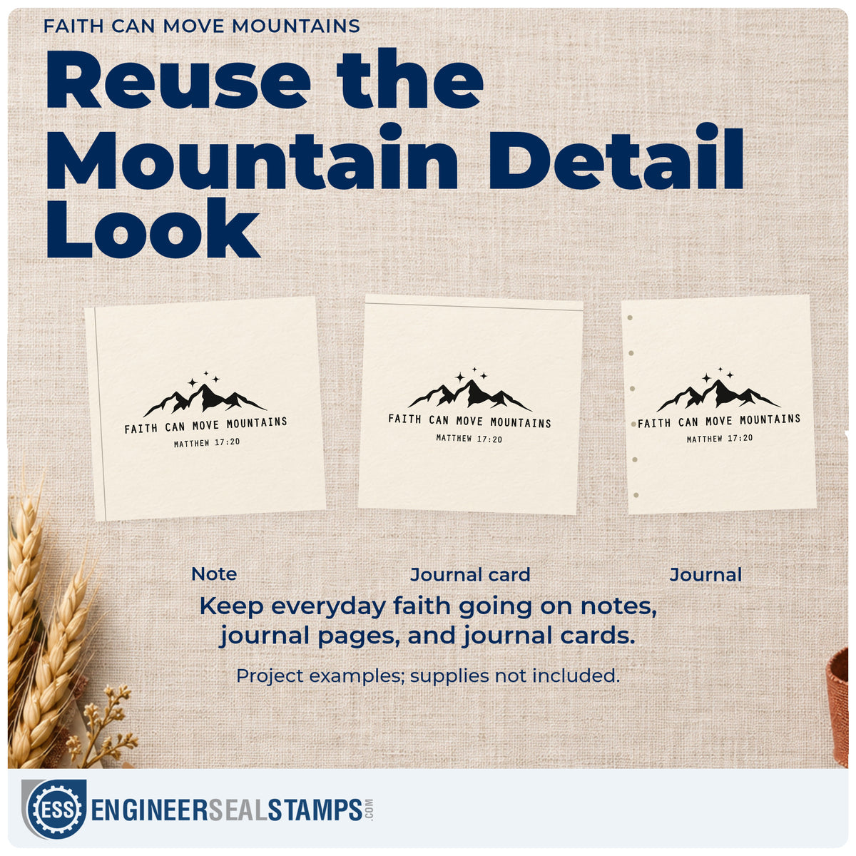 Three project examples made with the Faith Can Move Mountains With Sparkles Wood Handle Stamp, including scrapbook summit pages.