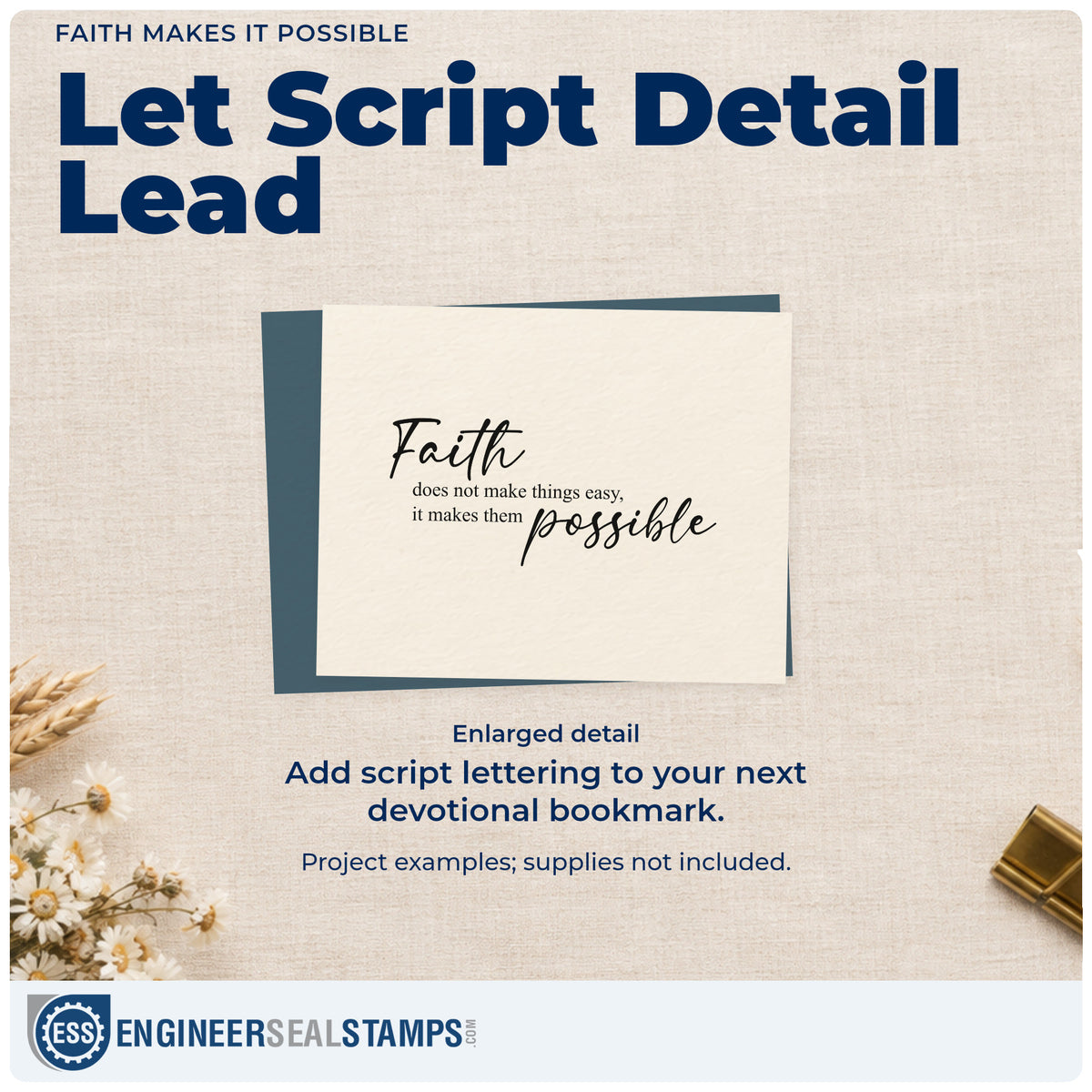 Enlarged detail of the Faith Makes Things Possible Script Rubber Stamp – Wood Handle imprint. Flowing "Faith" and "Possible" script frame the line "Does not make things easy, it makes them possible."