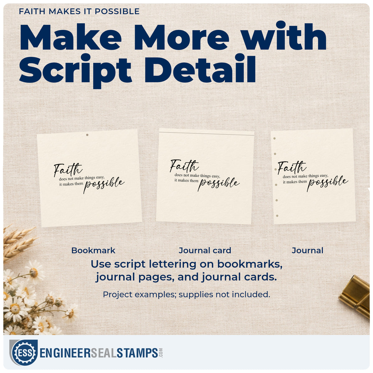 Three project examples made with the Pre-Inked Faith Makes Things Possible Script Stamp – PSI, including scrapbook effort pages.