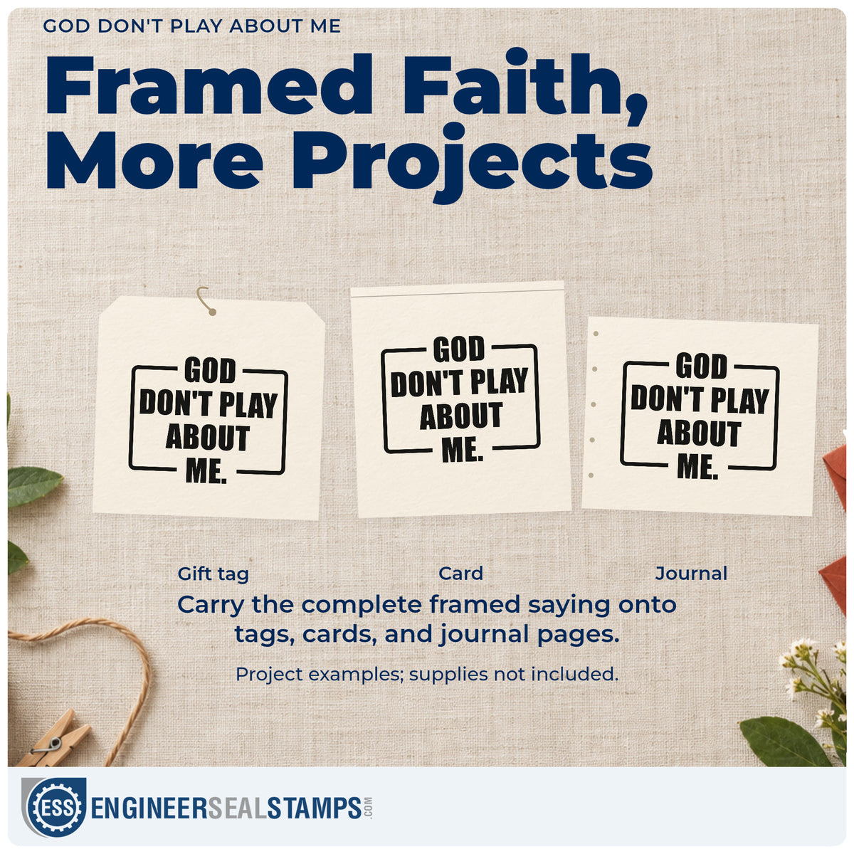 Three project examples made with the God Don't Play About Me Frame Accent Stamp – Wood Handle, including friend photo pages.