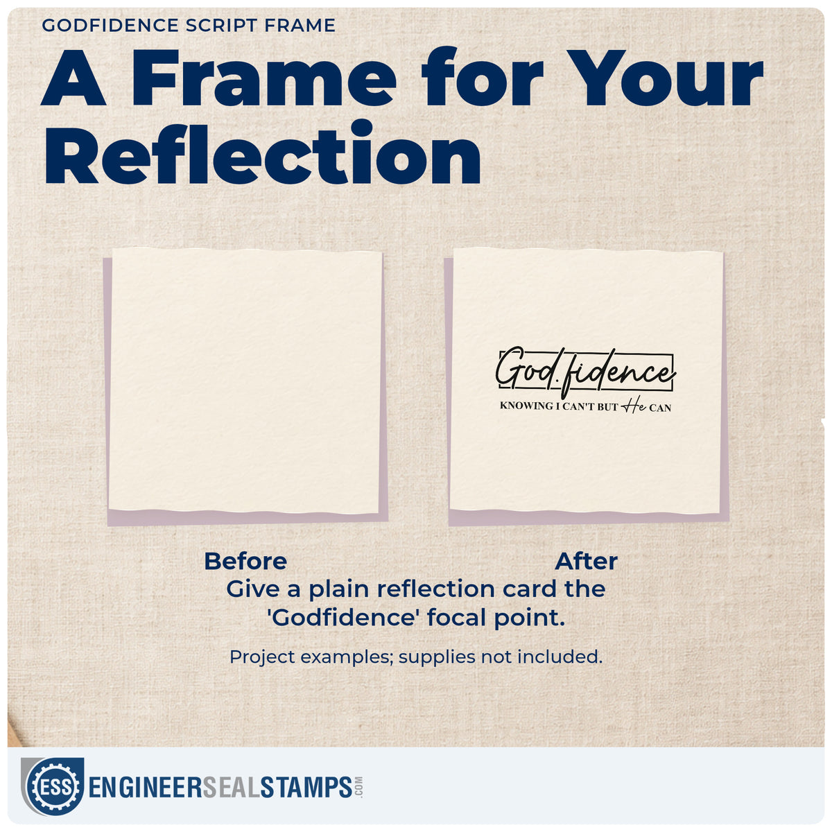 Before and after of a plain item finished with the Godfidence Script Frame Duo Hand Stamp, a quick upgrade for mirror clings.