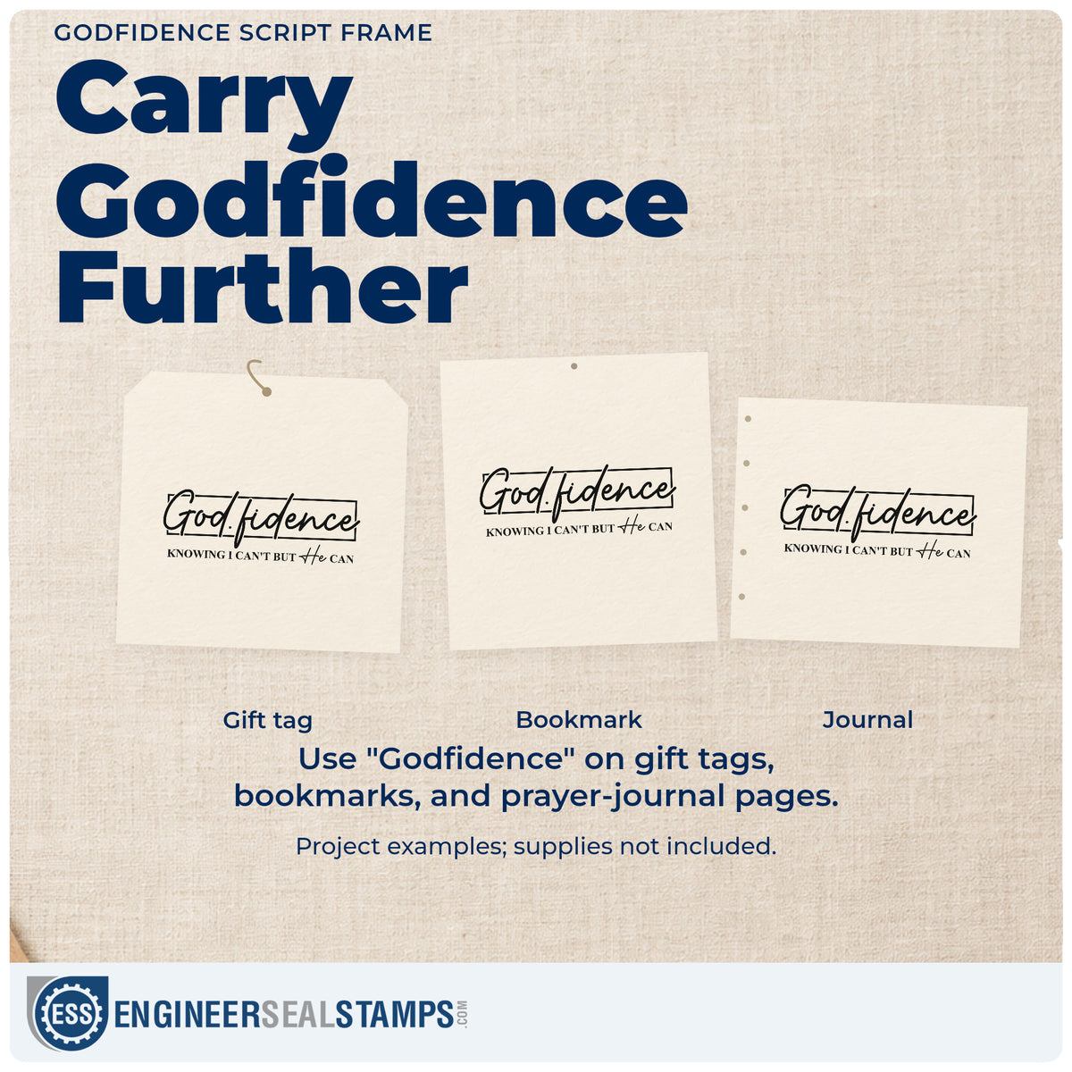 Three project examples made with the Godfidence Script Frame Stamp – Self-Inking, including brave moment pages.