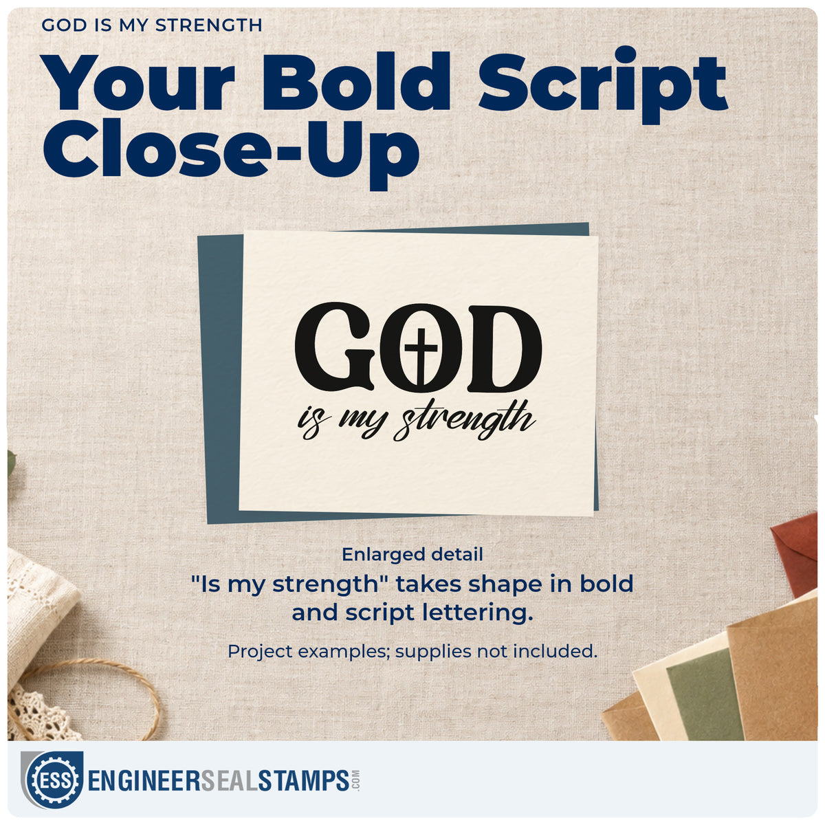 Enlarged detail of the God Is My Strength Self-Inking Stamp imprint. A cross fills the O in bold "God," with "Is my strength" in script underneath.