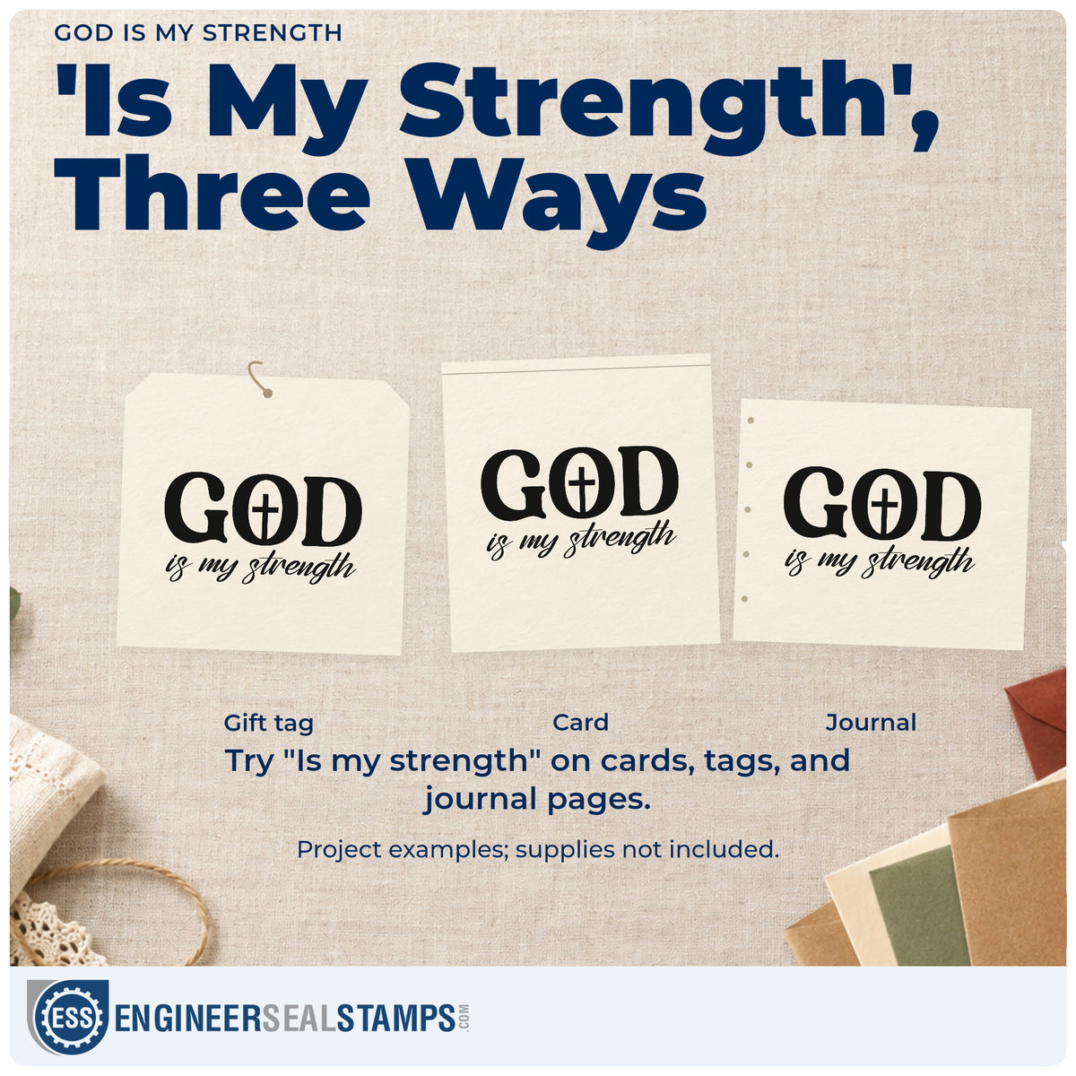 Three project examples made with the God Is My Strength Hand Stamp – Duo, including recovery photo pages.