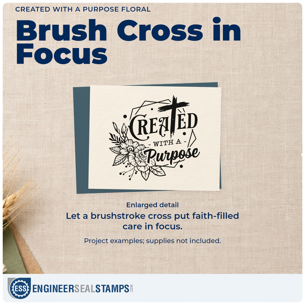 Enlarged detail of the Created With A Purpose Brushstroke Cross Stamp – Duo Hand imprint. Flowers, a brushstroke cross, and a geometric outline frame "Created with a purpose."