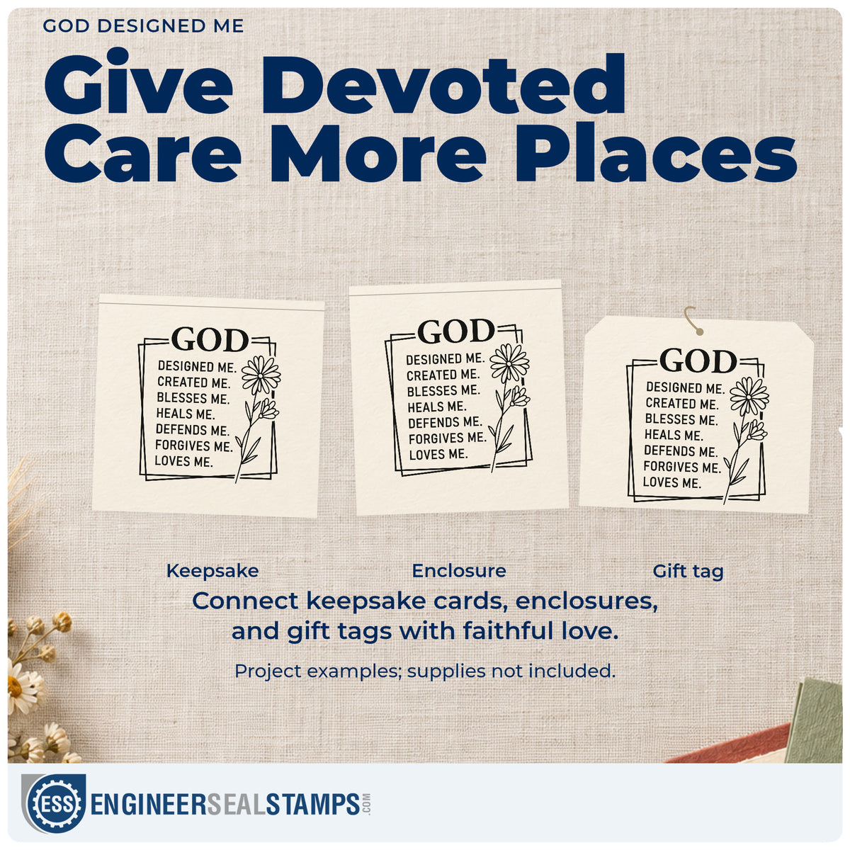 Three project examples made with the God Designed Me Stamp – Self-Inking, including baby book pages.