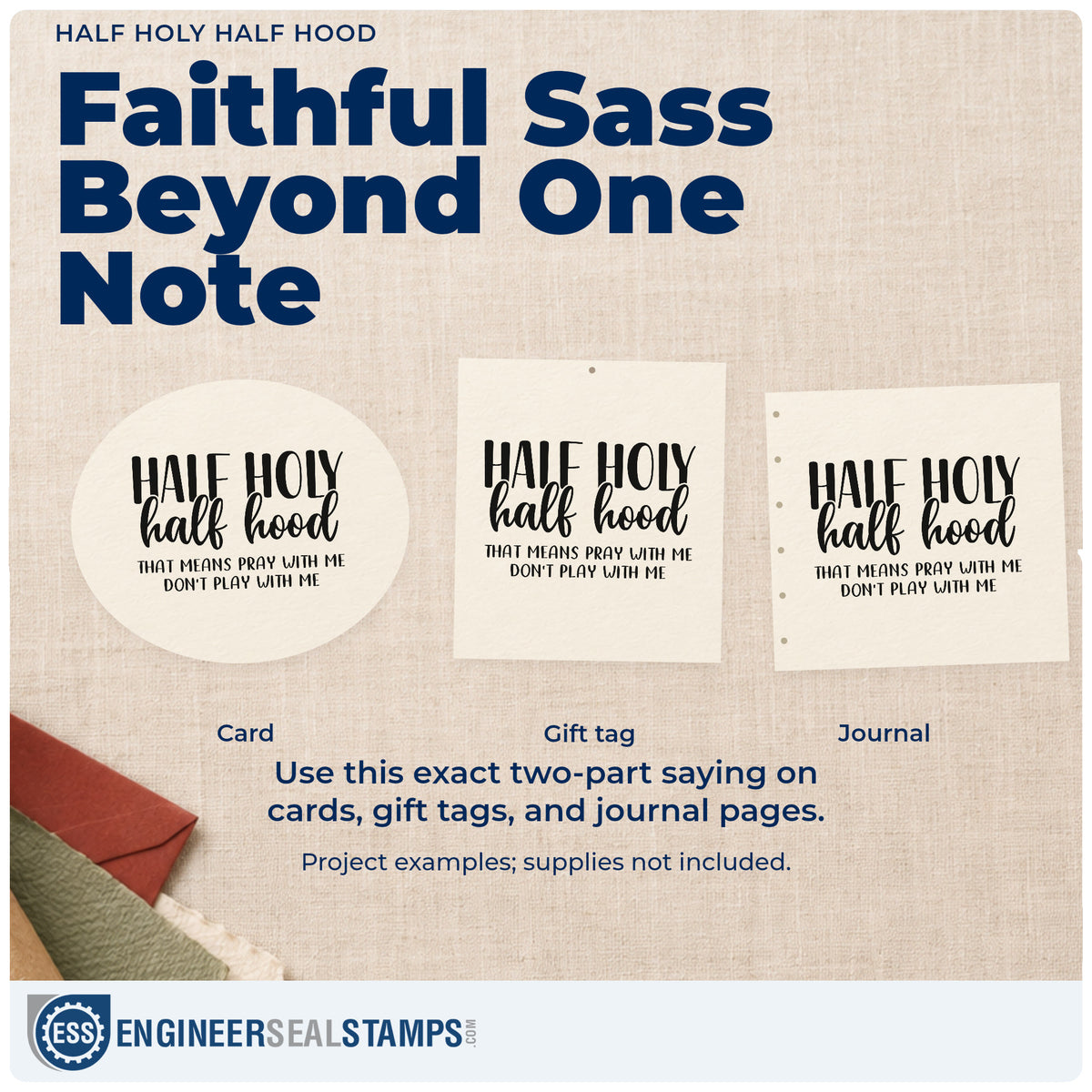 Three project examples made with the Duo Hand Half Holy Half Hood Lettering Rubber Stamp, including friend scrapbook pages.
