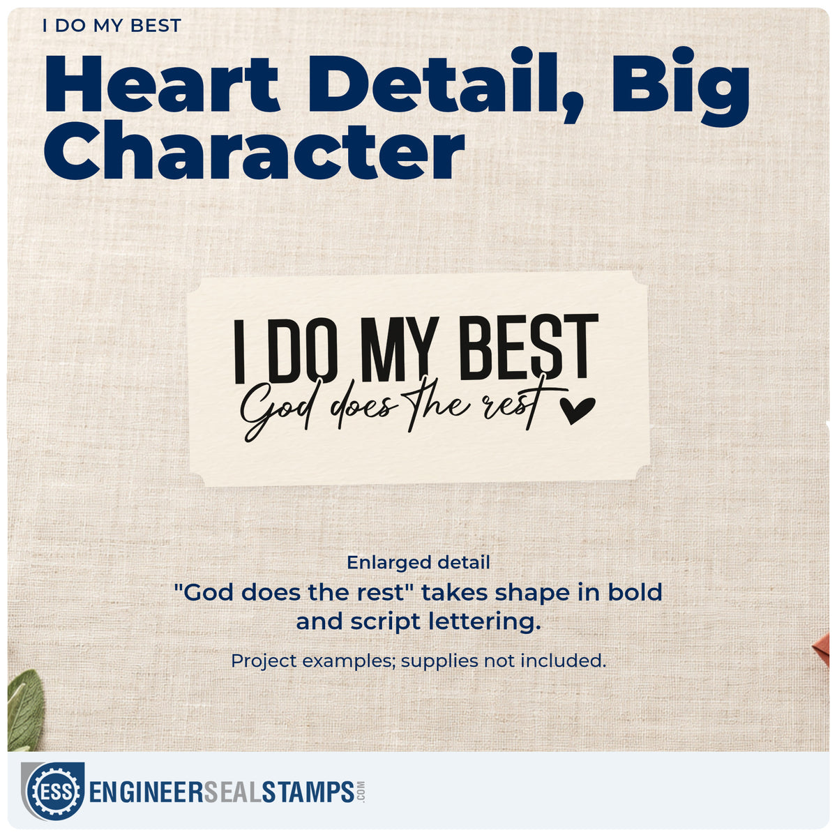 Enlarged detail of the I Do My Best Rubber Stamp – Wood Handle imprint. Bold "I do my best" sits above "God does the rest" script and a small heart.