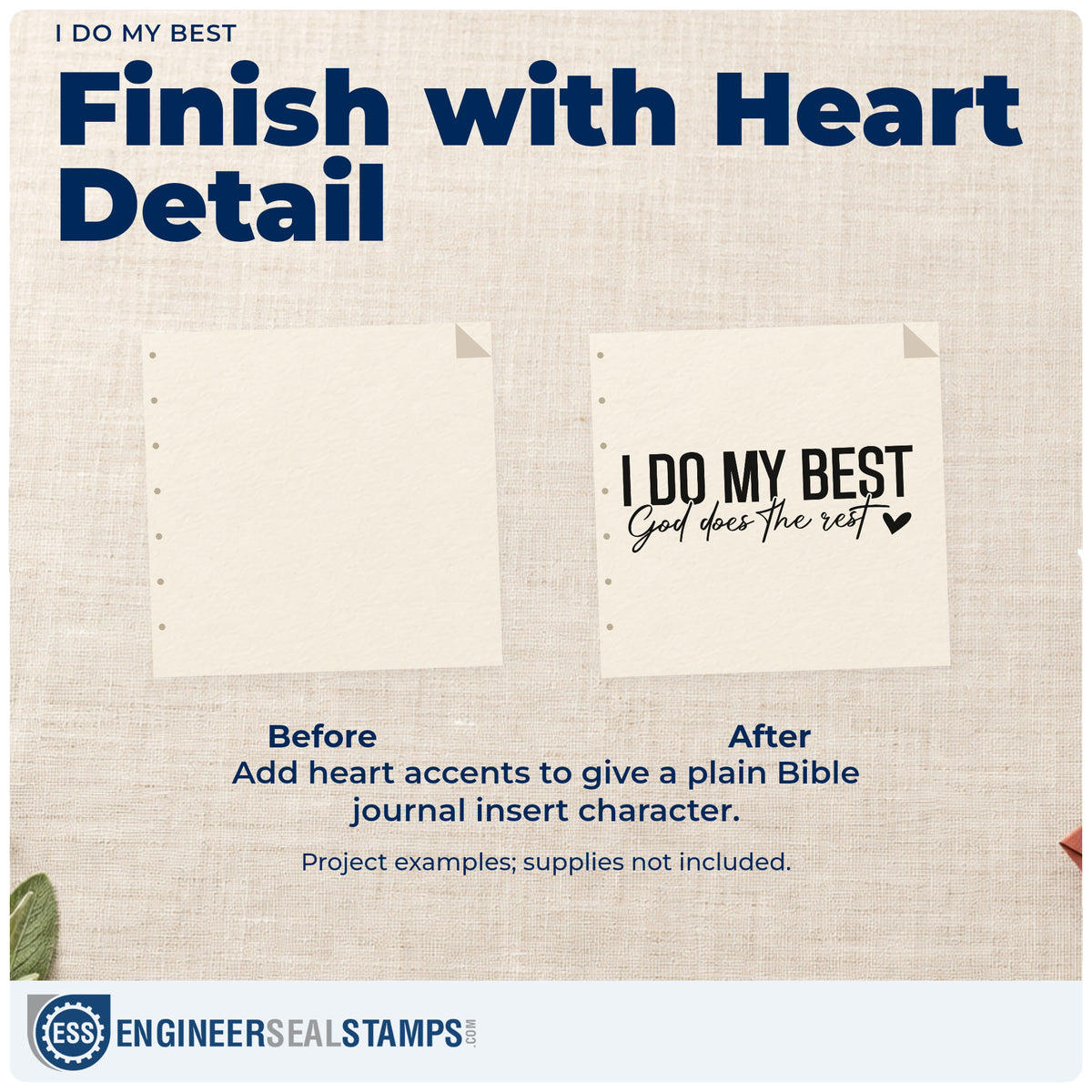Before and after of a plain item finished with the I Do My Best PSI Pre-Inked Stamp, a quick upgrade for teacher gift tags.