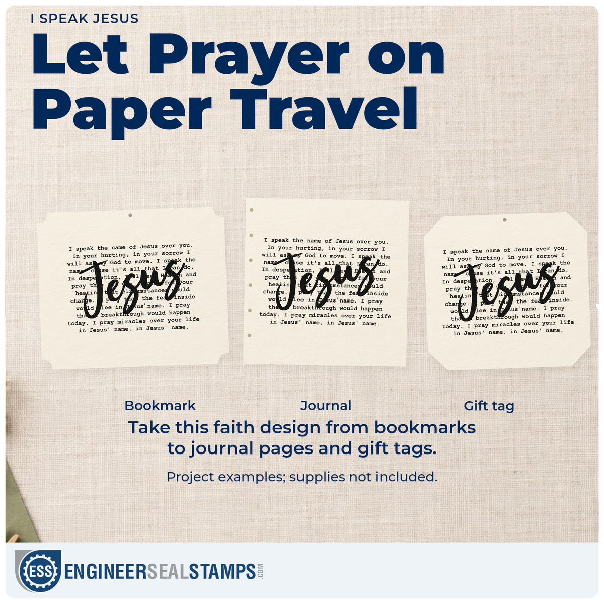 Three project examples made with the I Speak The Name Of Jesus Over You Slim Pre-Inked Stamp, including baptism keepsakes.