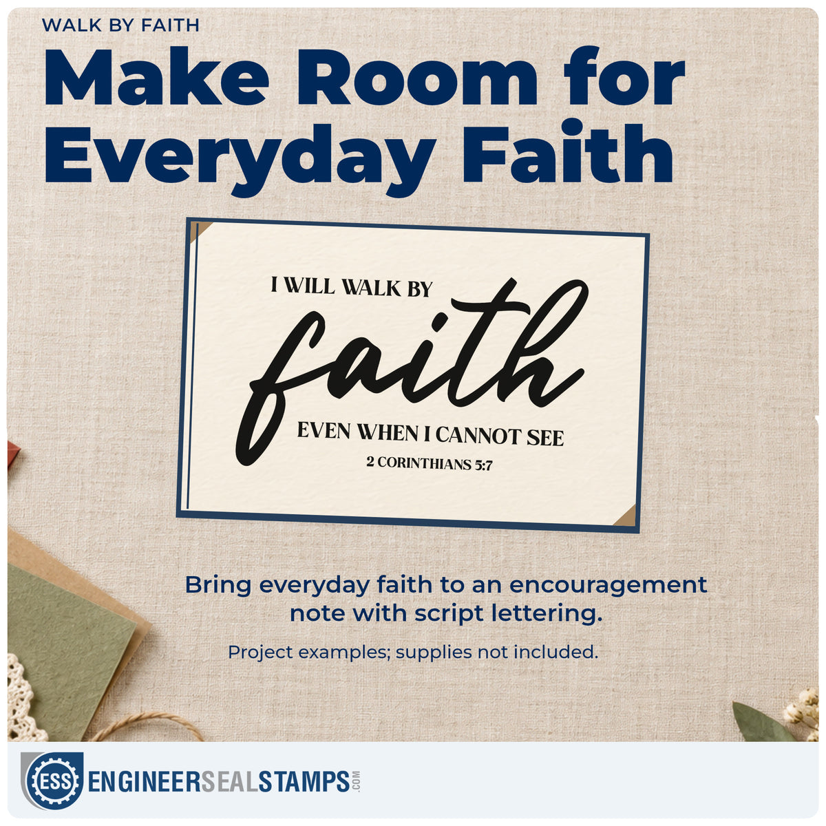 A finished handmade project stamped with the Walk By Faith Even When I Cannot See Frame Accent Self-Inking Stamp, ideal for moving day cards.